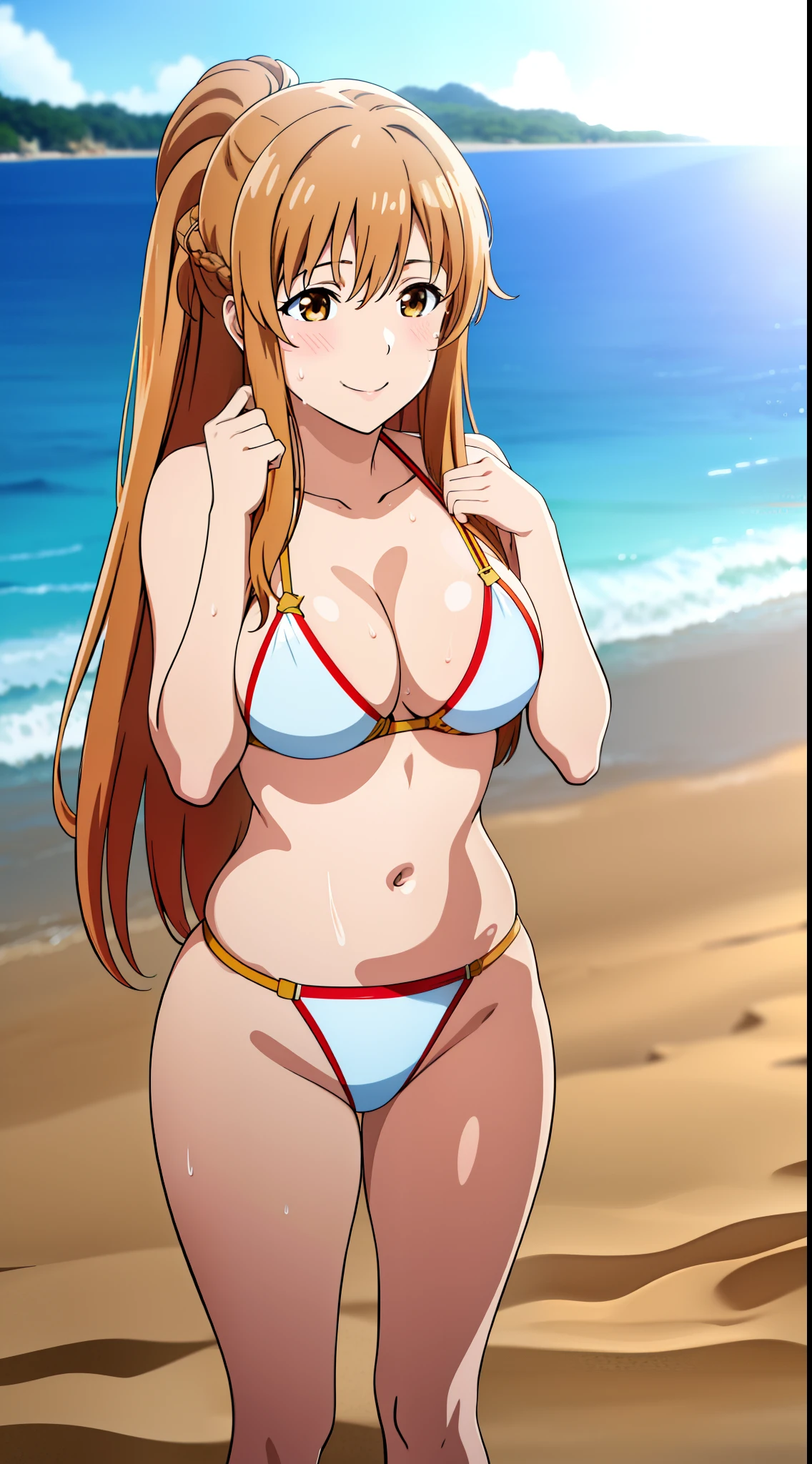 (best quality:1.5, highres, UHD, 4K, detailed lighting, shaders), asuna yuuki, light brown long hair, busty, bikini, standing, sweaty, pov, close shot, smiling, beach background