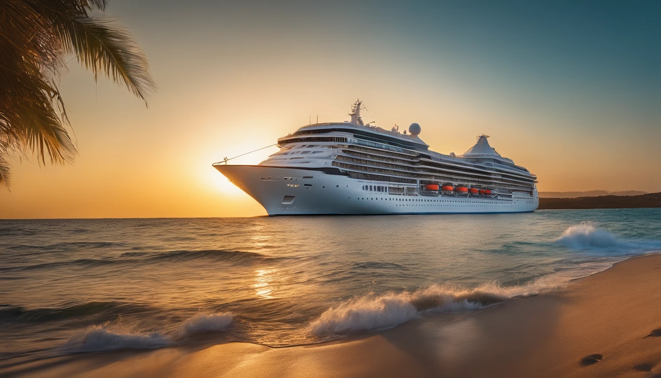 (best quality,4k,8k,highres,masterpiece:1.2),ultra-detailed,(realistic,photorealistic,photo-realistic:1.37),cruise ship,ocean waves,captivating sunrise,golden rays,refreshing breeze,happy morning,Instagram story,vibrant colors,splendid view,rejuvenating vacation,holiday vibes,sunny sky,perfectly calm sea,glossy surface,majestic appearance,exquisite detailing,crowded deck,luxurious cabins,deck chairs,relaxing atmosphere,lively conversations,picturesque horizon,inviting swimming pool,green palm trees,sandy beaches,cocktail glasses,friendly crew members,contented passengers,elegant sails,lovely reflections,glimmering water,chirping seagulls,effortless elegance,positive energy