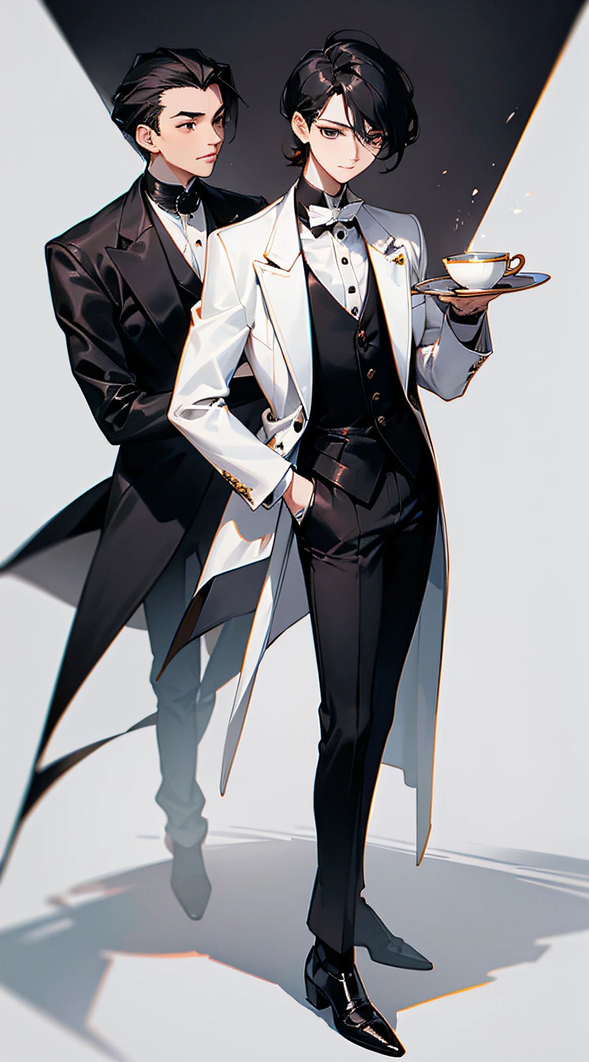 tmasterpiece，illustration，Confident and rich boys，Black hair and black eyes，Dressed in an off-white suit，Black leather shoes，comma hair，Teacup in hand。There was a simple young man beside him，whitet-shirt,Black pantsuit，Helping to pour tea with a teapot。