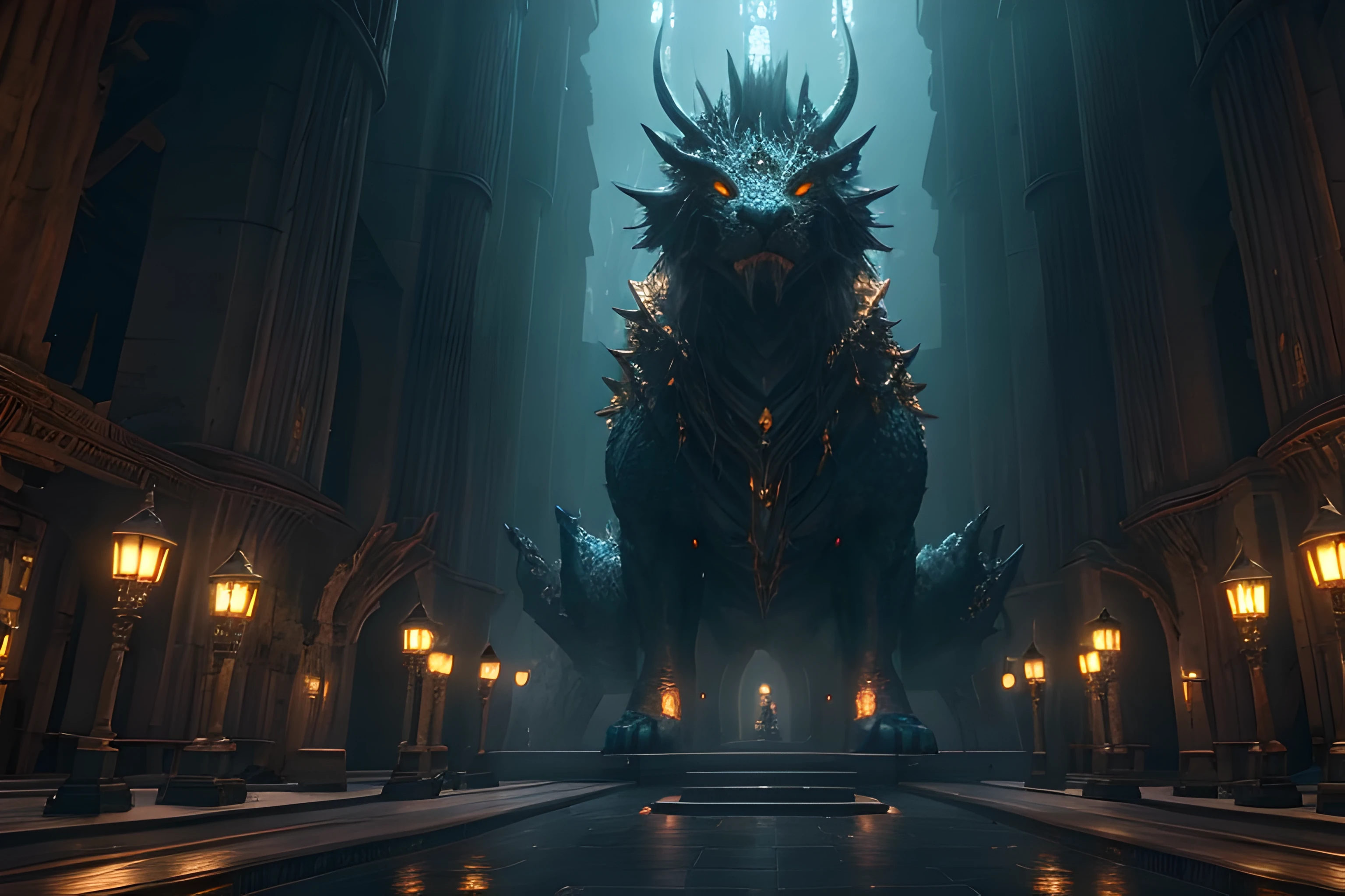 highly detailed, high fantasy, underground city, magical beasts, volumetric lighting, cinematic lighting, atmospheric effects