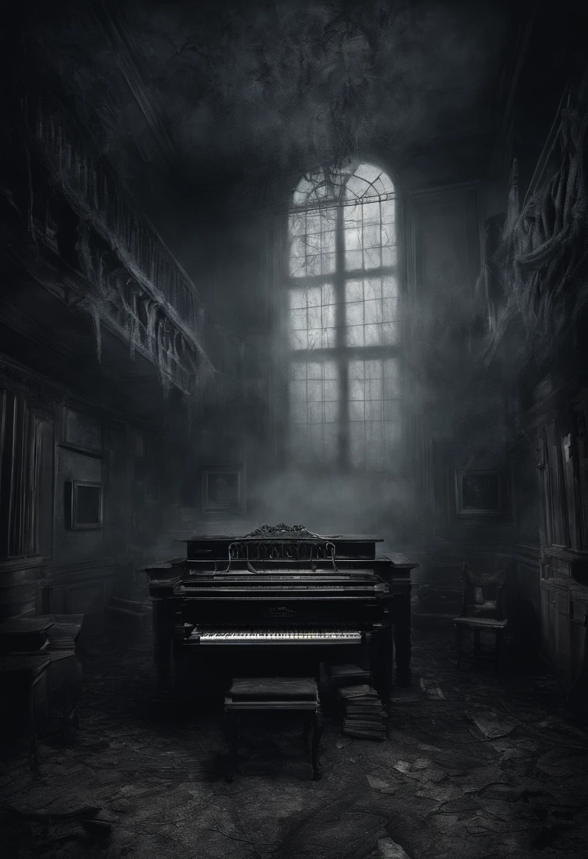 Illustrate the abandoned music room on the edge of Discord, Shrouded in an ominous fog, With the ghostly glow emanating from within.
