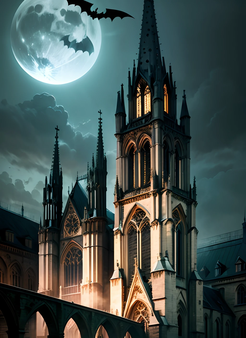 gothic cathedral, Rainey,bats, horror, damage windows,night seen --auto --s2