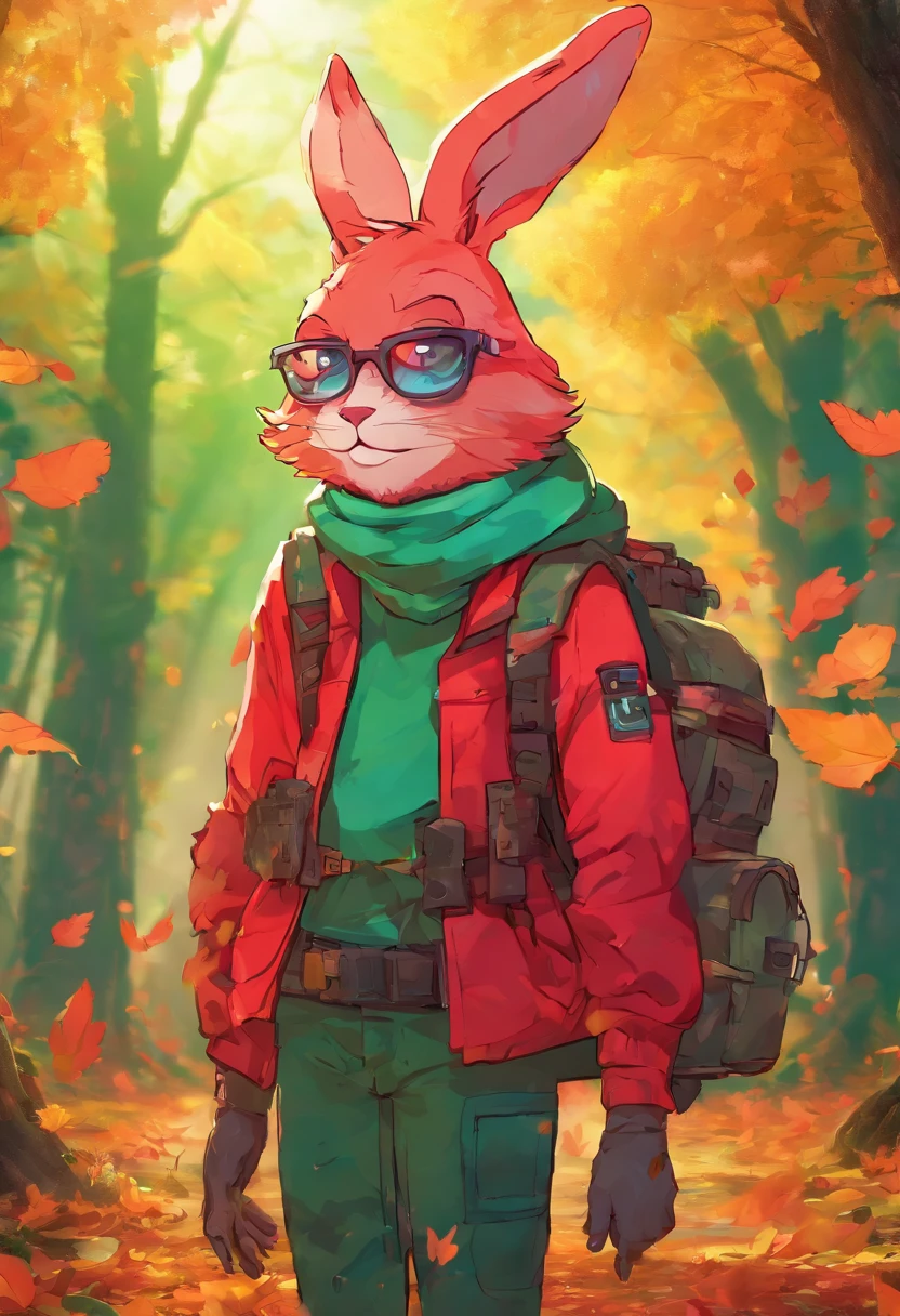 3D rendering of (Profile photo of an adventurous bunny sister standing on a path between autumn leaves), hairy, Big green bright eyes, （Binoculars hanging from your chest：1.37）, Sister Bunny is wearing a green fashion adventure outfit,green shorts， Red hiking boots on his feet, , cute ears, Red and green camping hats, (Carry a green backpack with you), (trowels), (camping equipment, )Related to many adventurous tools,(Compass),
Curious to explore expressions, Cartoon, 4D, Fox,
Background: Autumn Leaf Forest Trail Red Forest, autumn forest, red illuminating fog, In a red dream, really beautiful forest, Beautiful forest, Beautiful hazy wood, Red shade spray, Breathable and beautiful trees, breath-taking beautiful trees, red fog, beautiful forests and trees, Bright but dark red, red trees,{{Masterpiece}},{{{Best quality}}},{{Ultra-detailed}}, {{{illustration}}},{{Disheveled hair}},concept art of character,Game scene graph,Clear facial features,close up photograph,Photography,postapocalyptic,Masterpiece,archviz/building rendering,Quixel Megascans Render,corona rendered,rendering by octane,v-ray,High detail,hyper qualit,high resolution,trending on artstationh,hyper photorealism,surrealism,HD,8K tilt shift,Long shot,Split Lighting,