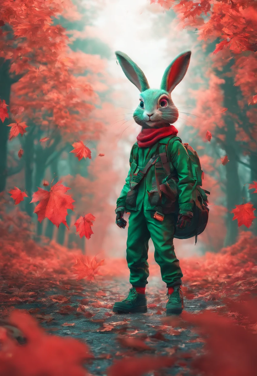 3D rendering of (A photo of an adventurous rabbit sister standing on a path between the autumn leaves), hairy, Clear and beautiful face, Big green bright eyes, (Highly myopic glasses:1.37)(Binoculars hanging from her chest:1.37), Sister Rabbit wears a green fashion adventure outfit,green shorts, Red hiking boots on his feet, , cute ears, Red and green camping hats, , Carry a green shoulder bag with you, trowels, camping equipment, A compass associated with many adventure tools,
Curious to explore expressions, Cartoon, 4D, Fox,
Background: Autumn Leaf Forest Trail Red Forest, autumn forest, red illuminating fog, In a red dream, really beautiful forest, Beautiful forest, Beautiful hazy wood, Red shade spray, Breathable and beautiful trees, breath-taking beautiful trees, red fog, beautiful forests and trees, Bright but dark red, red trees,{{Masterpiece}},{{{Best quality}}},{{Ultra-detailed}}, {{{illustration}}},{{Disheveled hair}},concept art of character,Game scene graph,Clear facial features,close up photograph,Photography,postapocalyptic,Masterpiece,archviz/building rendering,Quixel Megascans Render,corona rendered,rendering by octane,v-ray,High detail,hyper qualit,high resolution,trending on artstationh,hyper photorealism,surrealism,HD,8K tilt shift,Long shot,Split Lighting,
