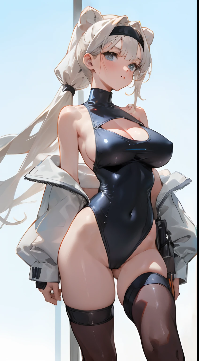 Bigboobs,cropped shoulders,Deep V one-piece swimsuit,Leather clothes,White knee-length stockings,High ponytail,Stand up,