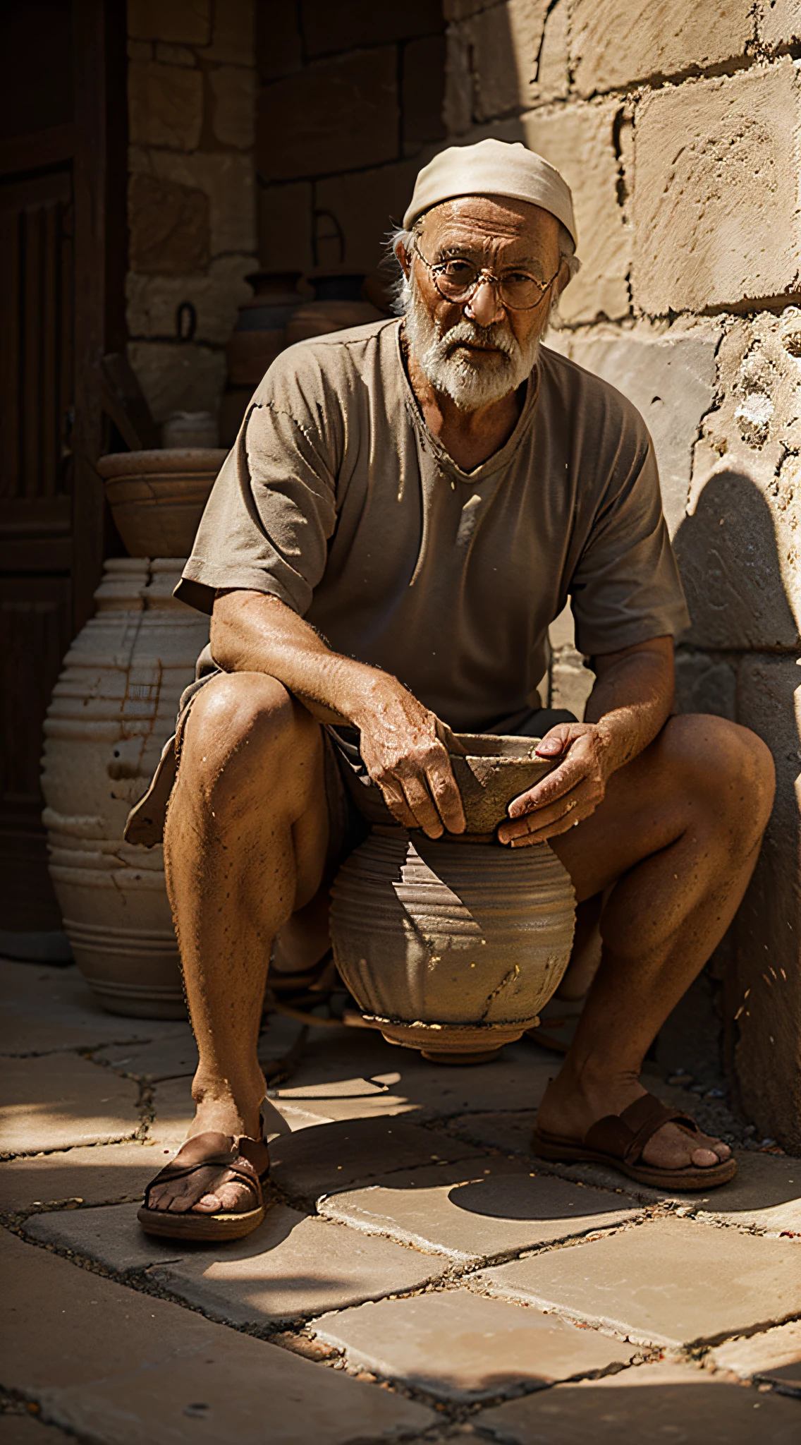 Photorealism of an old man with potter's wheel and a clay pot on the ground, epic biblical representation, Photo from professional camera, biblical art style, BIBLICAL IMAGES, oleiro, ceramic vase