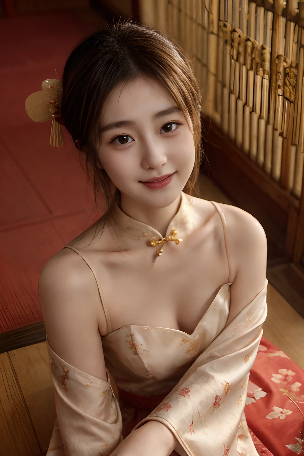 masterpiece、8K、32K、top-quality、(A cute Japanese woman)、detail portrayal、1 girl in、elegent、A sexy、(Cheongsam:1.2)、(Temple Background)、cowboy shot、ssmile、Angle from above