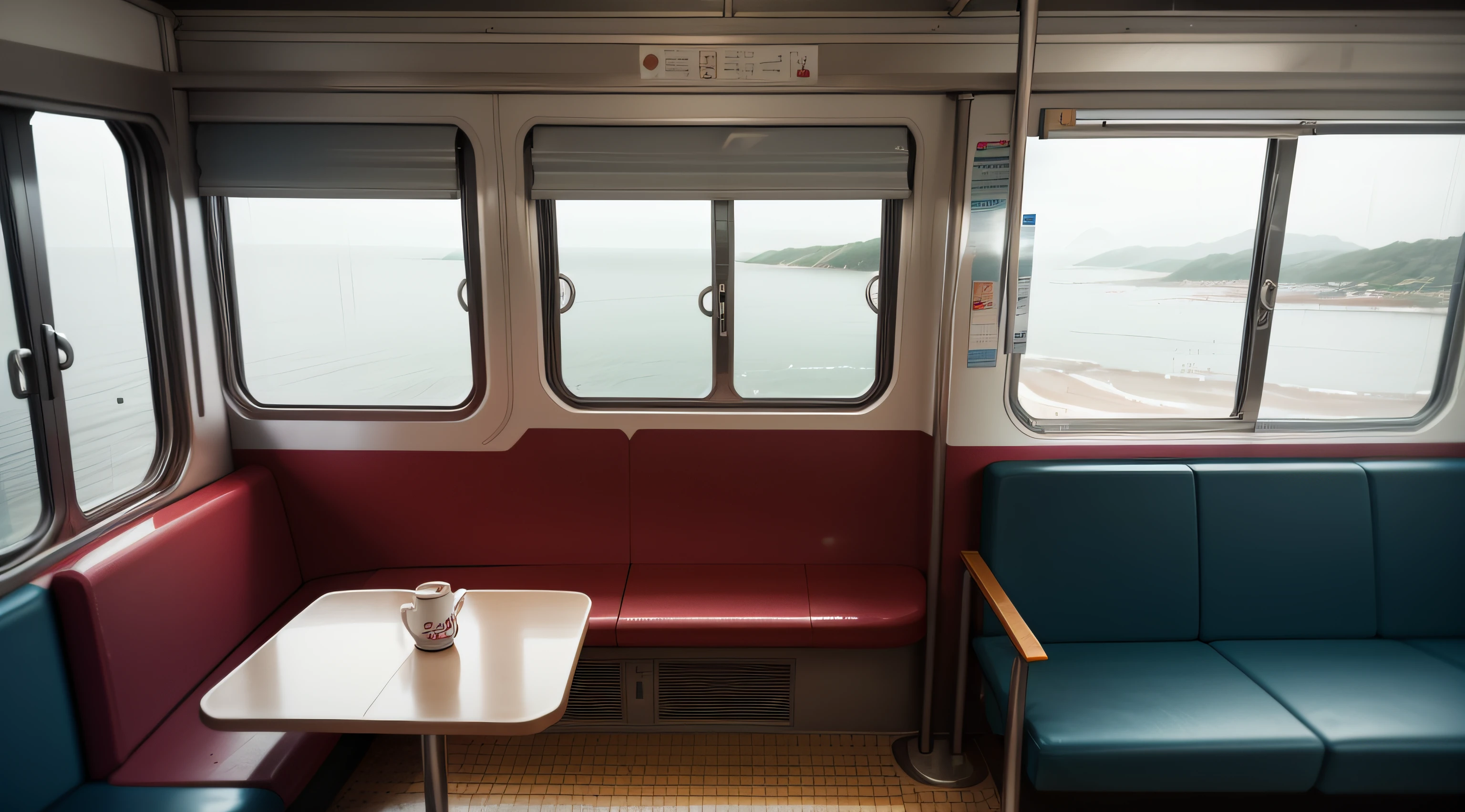 Looking out the window on a train on a rainy day. Outside the window you can see the sea