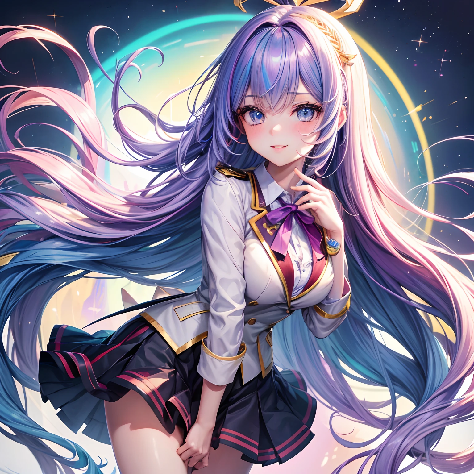 (best quality,4k,8k,highres,masterpiece:1.2),long,colorful hair (rainbow hair:1.1),angelic appearance,intense and detailed eyes,pouty lips,long eyelashes,detailed facial features,yandere expression,bouncy and vibrant smile,uniform with ribbon,cute blazer,perfect girl with stunning figure,cleavage,loose socks,flirty girl,ultra-detailed outfit,feminine,shy,beautiful girl