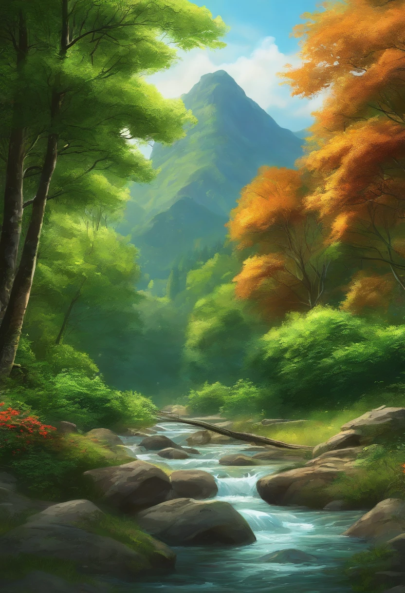 painting of a stream running through a lush green forest filled with trees, detailed painting 4 k, mountains river trees, anime landscape wallpaper, beautiful art uhd 4 k, anime countryside landscape, detailed scenery —width 672, beautiful digital painting, 4k highly detailed digital art, beautiful anime scenery, 8k high quality detailed art, anime nature wallpap, anime nature