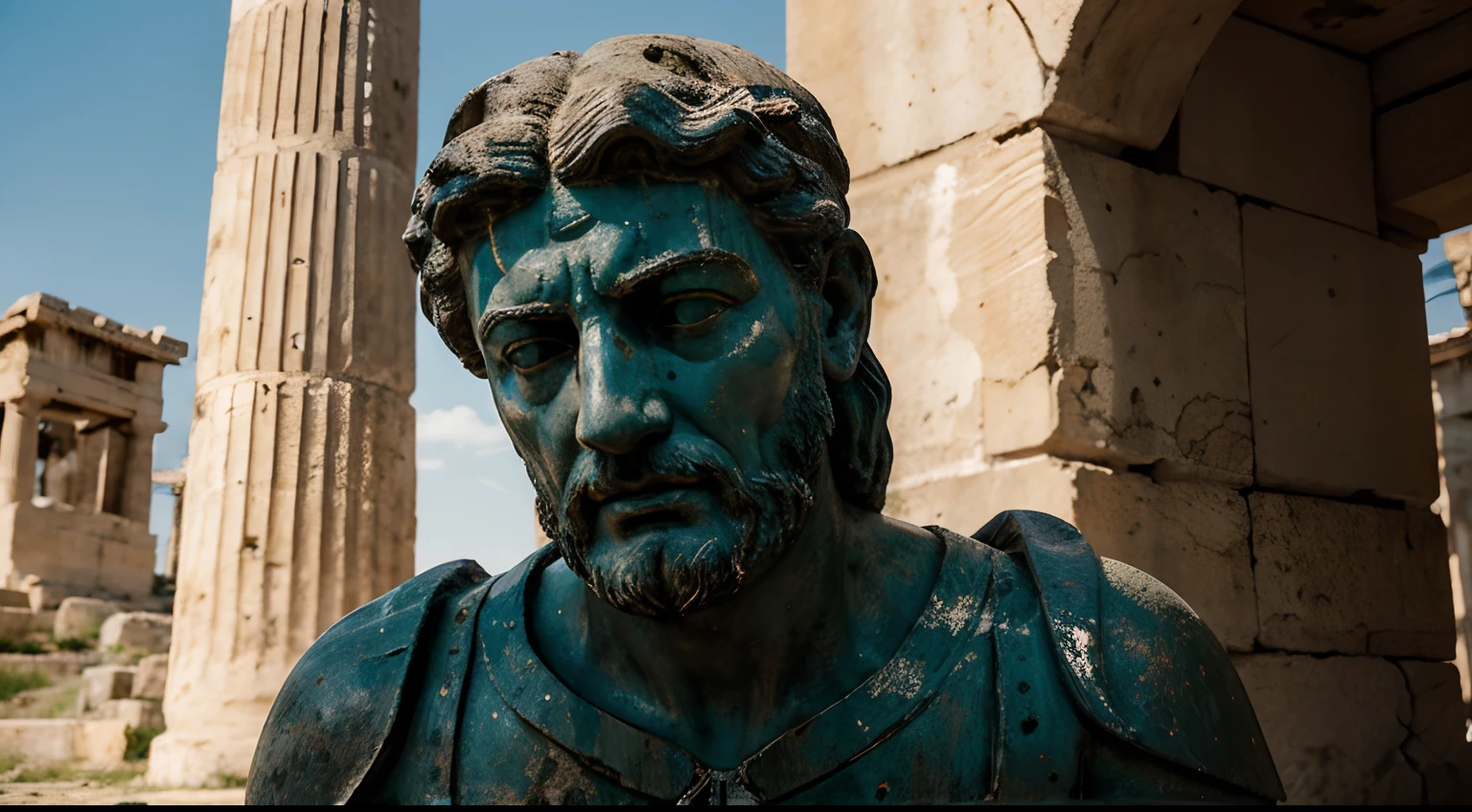 Ancient Stoic Statue With Very Angry Expression, tem barba, muitos detalhes em ambos os olhos, Outside, fundo atenas grego, open sky, com rosto extremamente detalhado full body view, Colors with low saturation with dark tone, Filmado em Sony A7S III com Sony FE 35mm f/1.8, 12.1 MP, --AR 3:2 --estilo cru
