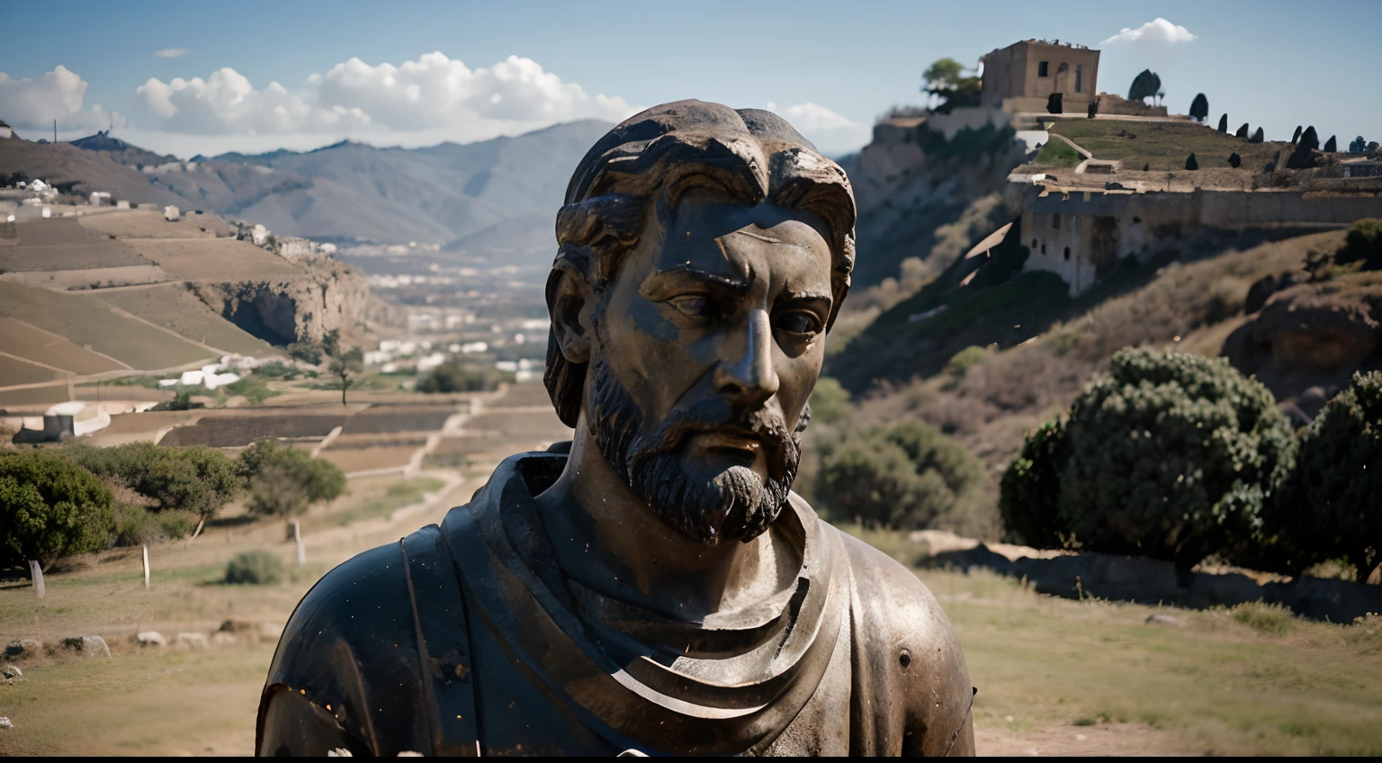 Ancient Stoic Statue With Very Angry Expression, tem barba, muitos detalhes em ambos os olhos, Outside, fundo atenas grego, open sky, com rosto extremamente detalhado full body view, Colors with low saturation with dark tone, Filmado em Sony A7S III com Sony FE 35mm f/1.8, 12.1 MP, --AR 3:2 --estilo cru
