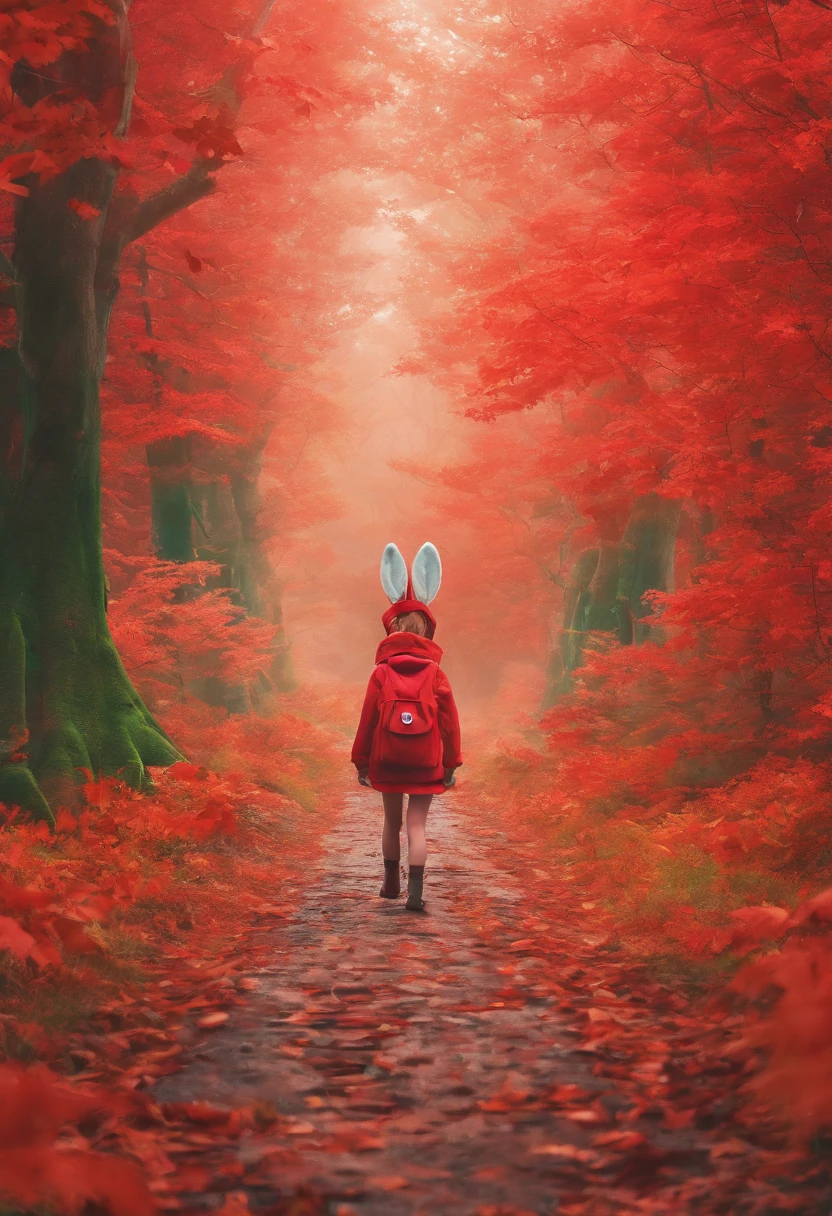3D rendering of (A photo of an adventurous rabbit sister standing on a path between the autumn leaves), hairy, Clear and beautiful face, Big green bright eyes, （Highly myopic glasses：1.37）（Binoculars hanging from her chest：1.37）, Sister Bunny is wearing a green fashion adventure outfit,green shorts， Red hiking boots on his feet, , cute ears, Red and green camping hats, , Carry a green shoulder bag with you, trowels, camping equipment, A compass associated with many adventure tools,
Curious to explore expressions, Cartoon, 4D, Fox,
Background: Autumn Leaf Forest Trail Red Forest, autumn forest, red illuminating fog, In a red dream, really beautiful forest, Beautiful forest, Beautiful hazy wood, Red shade spray, Breathable and beautiful trees, breath-taking beautiful trees, red fog, beautiful forests and trees, Bright but dark red, red trees,{{Masterpiece}},{{{Best quality}}},{{Ultra-detailed}}, {{{illustration}}},{{Disheveled hair}},concept art of character,Game scene graph,Clear facial features,close up photograph,Photography,postapocalyptic,Masterpiece,archviz/building rendering,Quixel Megascans Render,corona rendered,rendering by octane,v-ray,High detail,hyper qualit,high resolution,trending on artstationh,hyper photorealism,surrealism,HD,8K tilt shift,Long shot,Split Lighting,