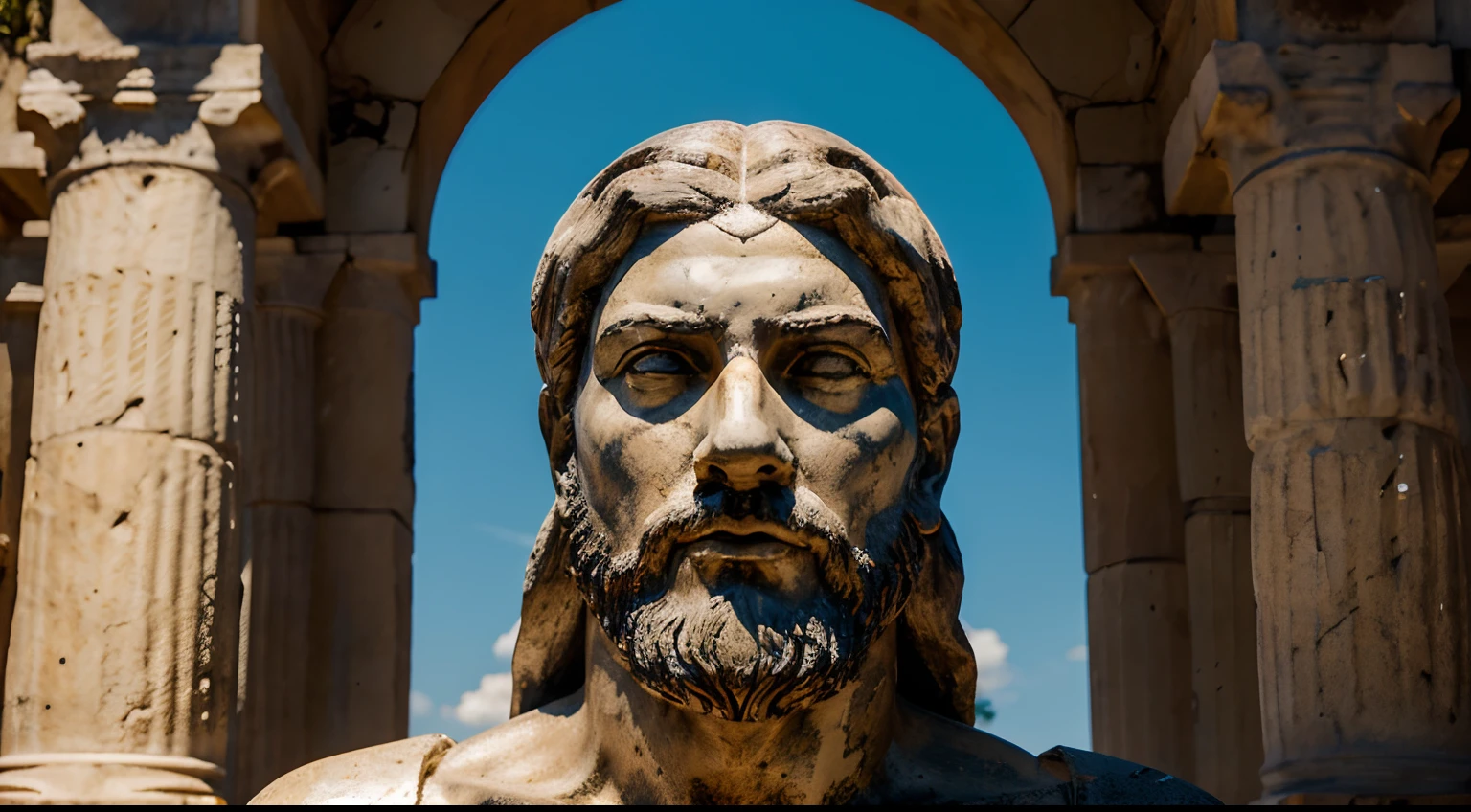Ancient Stoic Statue With Very Angry Expression, tem barba, muitos detalhes em ambos os olhos, Outside, fundo atenas grego, open sky, com rosto extremamente detalhado full body view, Colors with low saturation with dark tone, Filmado em Sony A7S III com Sony FE 35mm f/1.8, 12.1 MP, --AR 3:2 --estilo cru