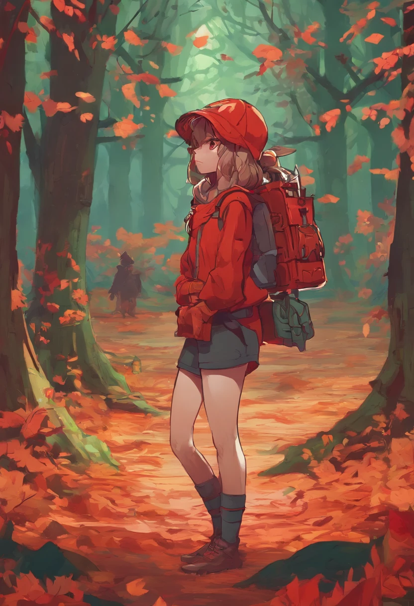 (masterpiece:1.2, best quality), (highly detailed:1.3), 1girl, 17yo girl, (white panties), (red hoodie), backpack, walking, dark forest, eerie, scary, from behind, pastel colors