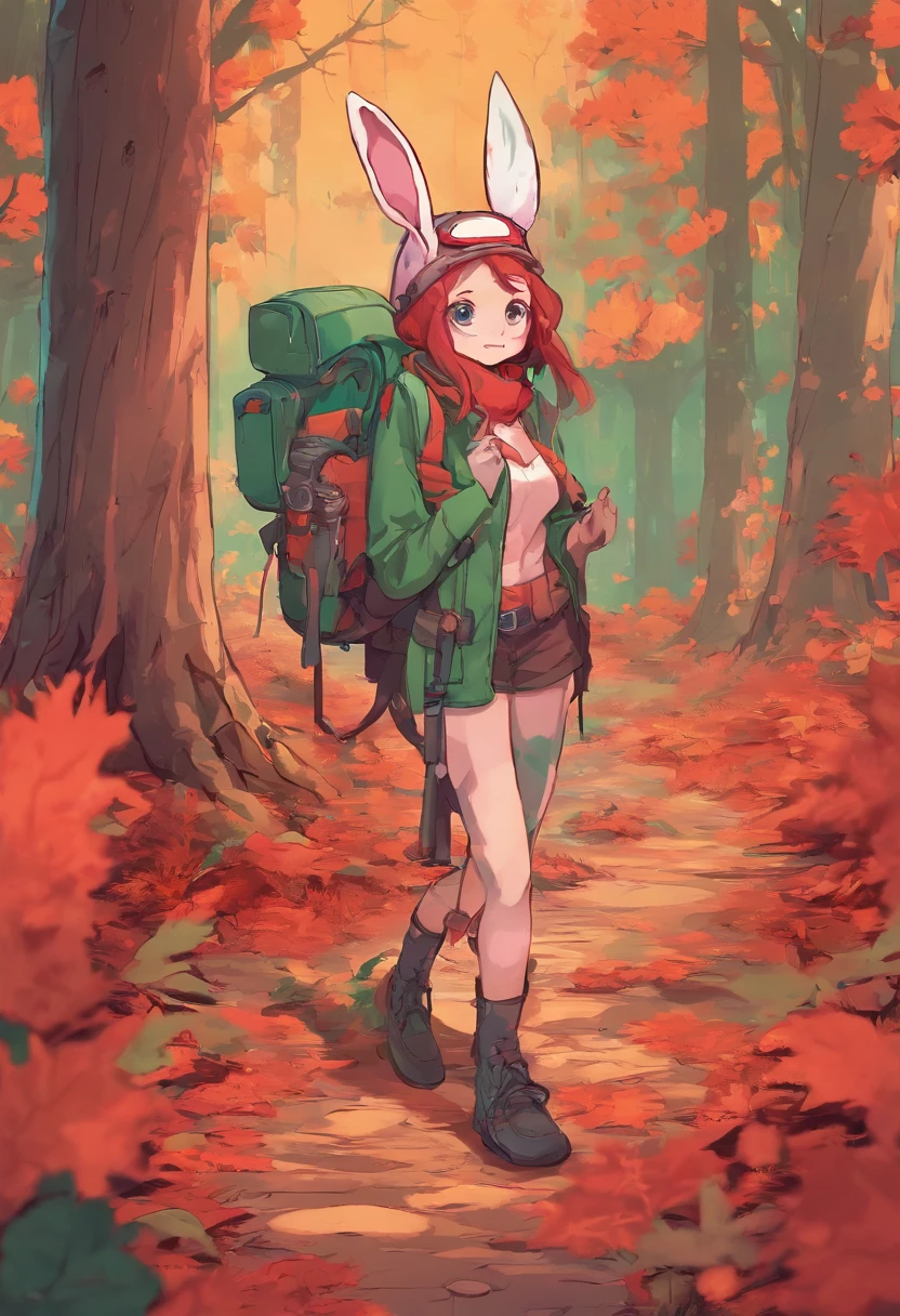 (masterpiece), (1 girl), best quality, green eyes, expressive eyes, perfect face, long red hair, naked, nude, dark makeup, heavy make up, hiking, backpack, hiking boots, full body, forest