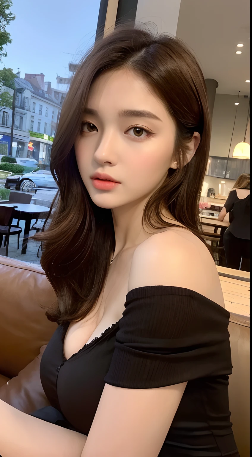 ((Night view, realistic light, best quality, 8k, masterpiece: 1.3)), 1girl, pretty woman with slim figure: 1.4, (brown hair, medium breasts: 1.3), off-the-shoulder cut top: 1.3, sofa, super detailed face, detailed eyes, double eyelids , in a cafe shop