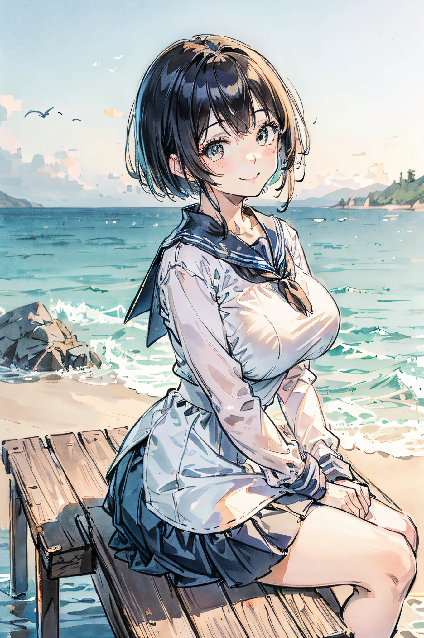 Girl in sailor suit、Bob hairstyle、large full breasts、a smile、skirt by the、Sitting on a bench with the sea in the background