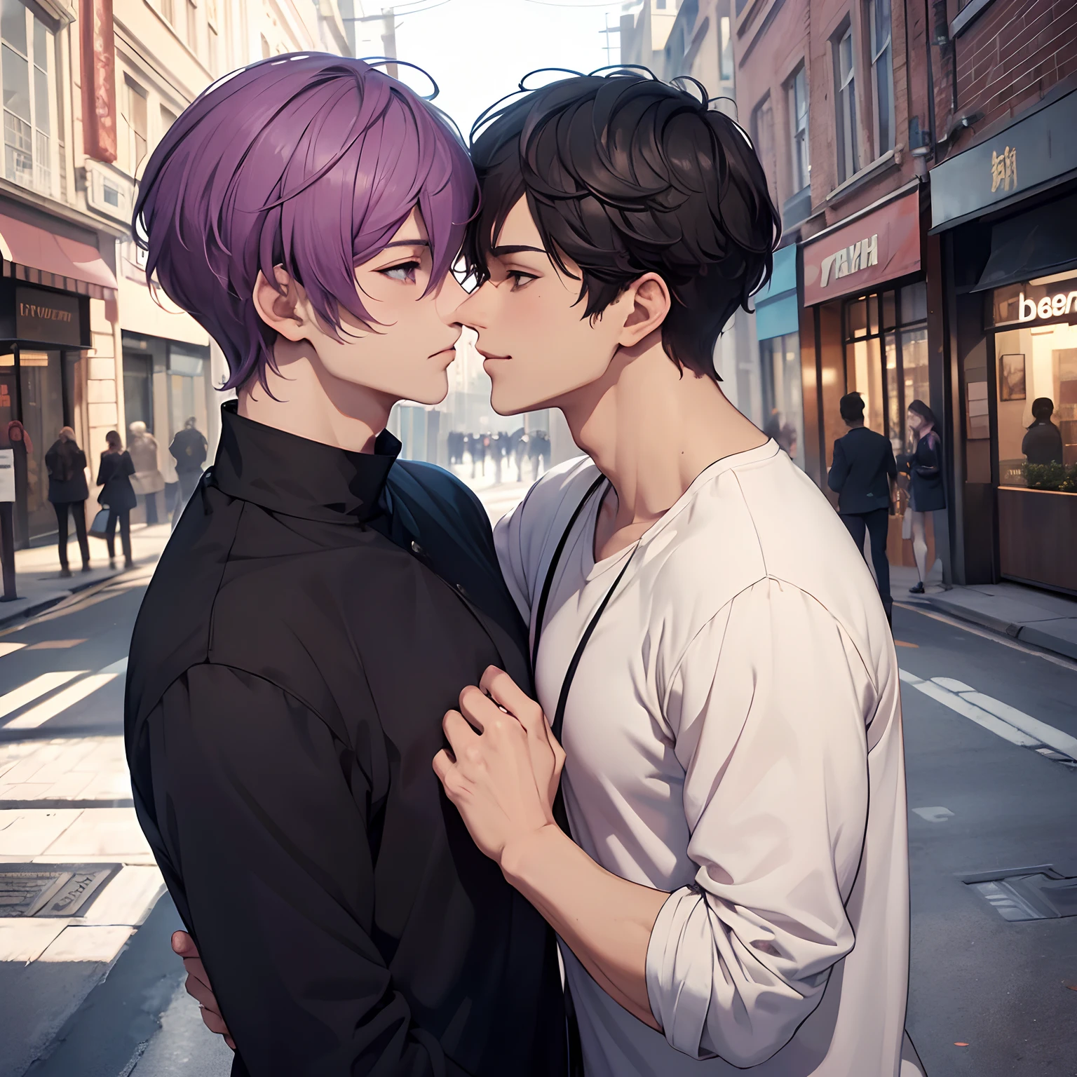 (Yaoi),(delicate composition:1.5),(masutepiece), best quality face, ((ultra-detailliert)), (Ultra-fine 4K ultra-fine colors), (hyperdetailed body), (Gay Male Relationships), Male couple, 1 man and 1,eyecontact,Adults, Smiling, With purple-haired man with cool look, A man with dark hair and a gentle expression,tall, finely eye, intricate detailes, Modern urban streets, tenderness, queers, Scenery, Add_detail:1, Add_detail:0, Add_detail:0.5、Stylish、Contour clearly