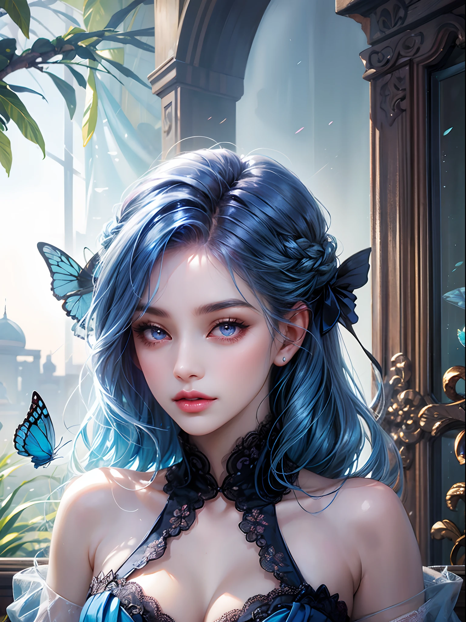 a women, blue butterfly, blue hair, pink eyes, blue dress