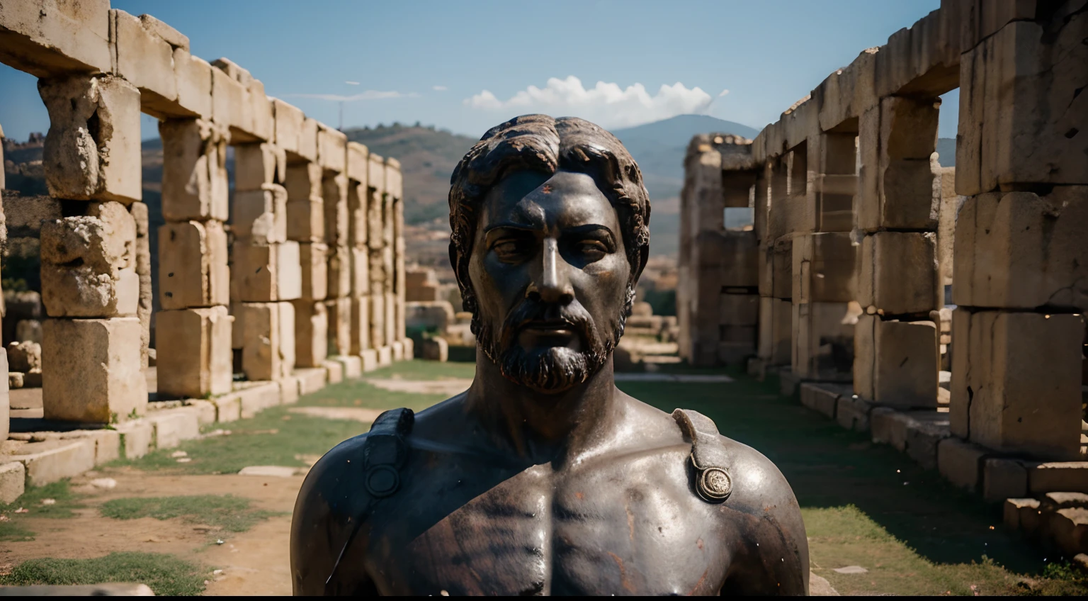 Ancient Stoic Statue With Very Angry Expression, tem barba, muitos detalhes em ambos os olhos, Outside, fundo atenas grego, open sky, com rosto extremamente detalhado full body view, Colors with low saturation with dark tone, Filmado em Sony A7S III com Sony FE 35mm f/1.8, 12.1 MP, --AR 3:2 --estilo cru