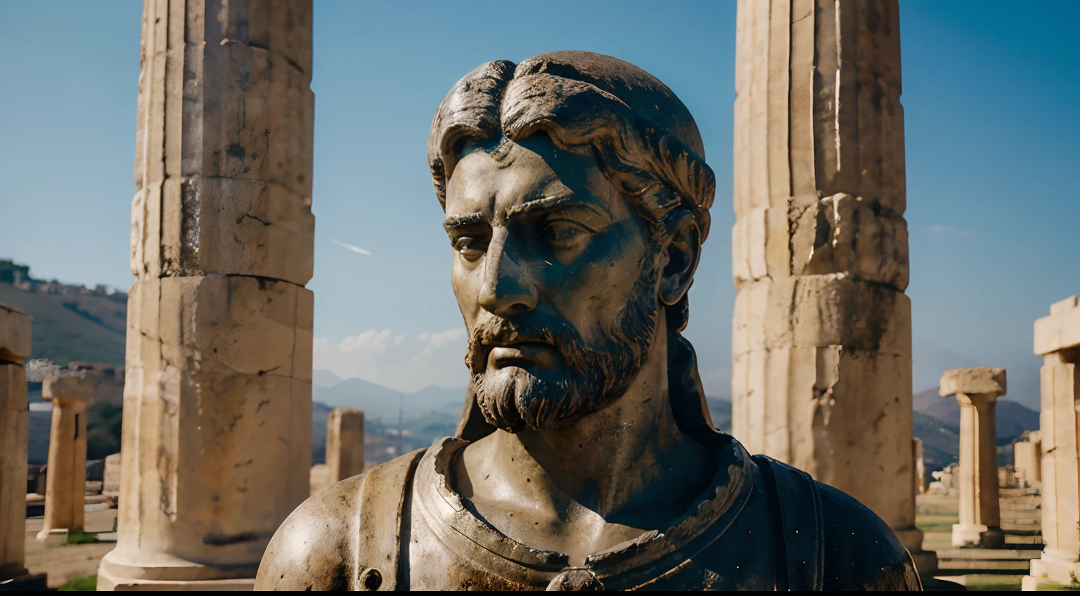 Ancient Stoic Statue With Very Angry Expression, tem barba, muitos detalhes em ambos os olhos, Outside, fundo atenas grego, open sky, com rosto extremamente detalhado full body view, Colors with low saturation with dark tone, Filmado em Sony A7S III com Sony FE 35mm f/1.8, 12.1 MP, --AR 3:2 --estilo cru