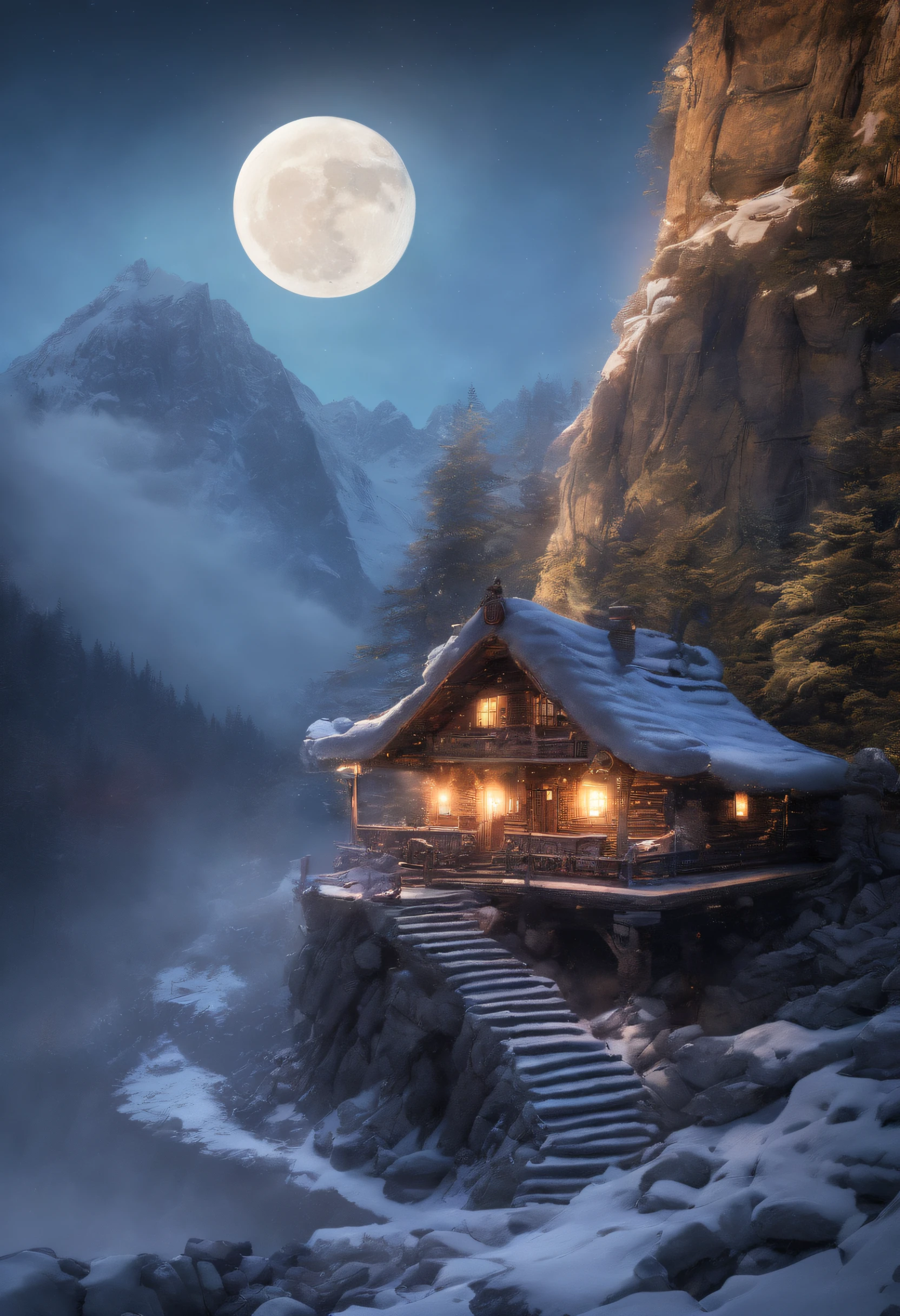 masutepiece、top-quality、A hyper-realistic、Photorealsitic、(Rugged mountains々A mountain that rises with a transcendent steep snow on its back)、((Illuminated by the Moon))、((A log cabin built to cling to the mountainside of a cliff))、((Nestled in the fog))