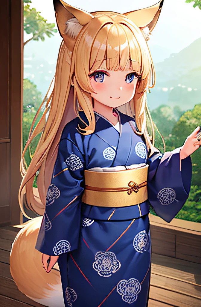 Gold eyes,tareme,The upper part of the body_Body, Front view, fatness, ,child,ars ol wept bangs, fox ear, Blue yukata,Blonde hair, Long hair,Shiny hair, Seductive smile, Beautiful detailed eyes