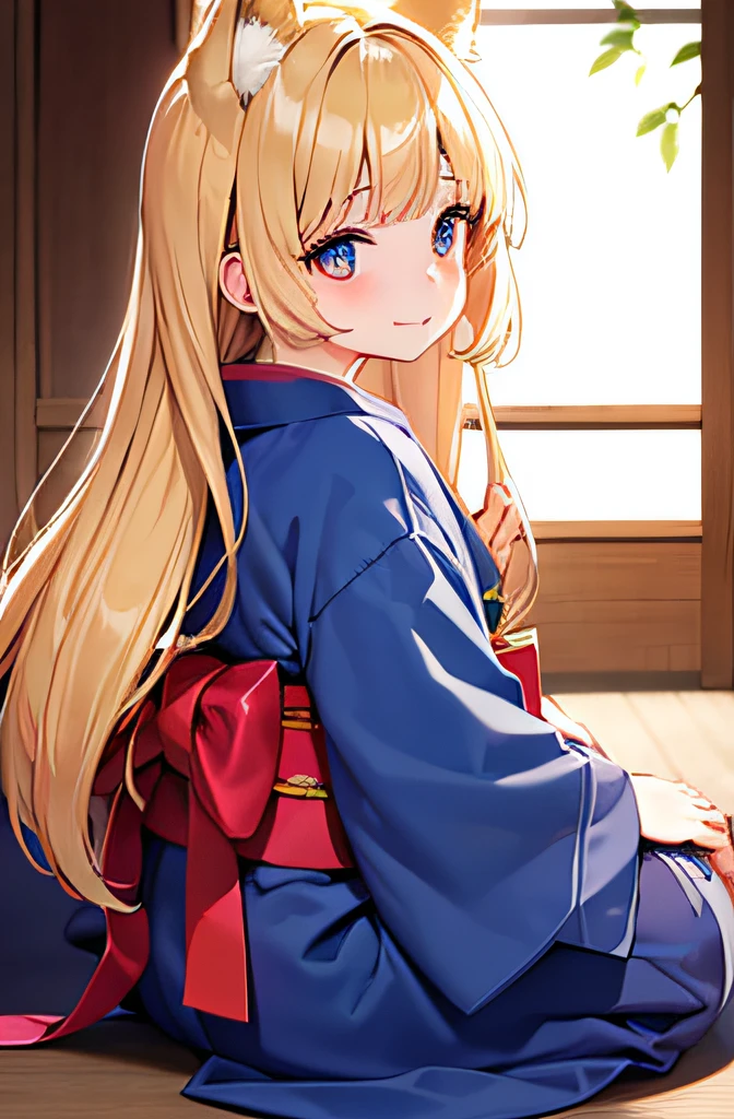 Gold eyes,tareme,The upper part of the body_Body, Front view, fatness, ,child,ars ol wept bangs, fox ear, Blue yukata,Blonde hair, Long hair,Shiny hair, Seductive smile, Beautiful detailed eyes