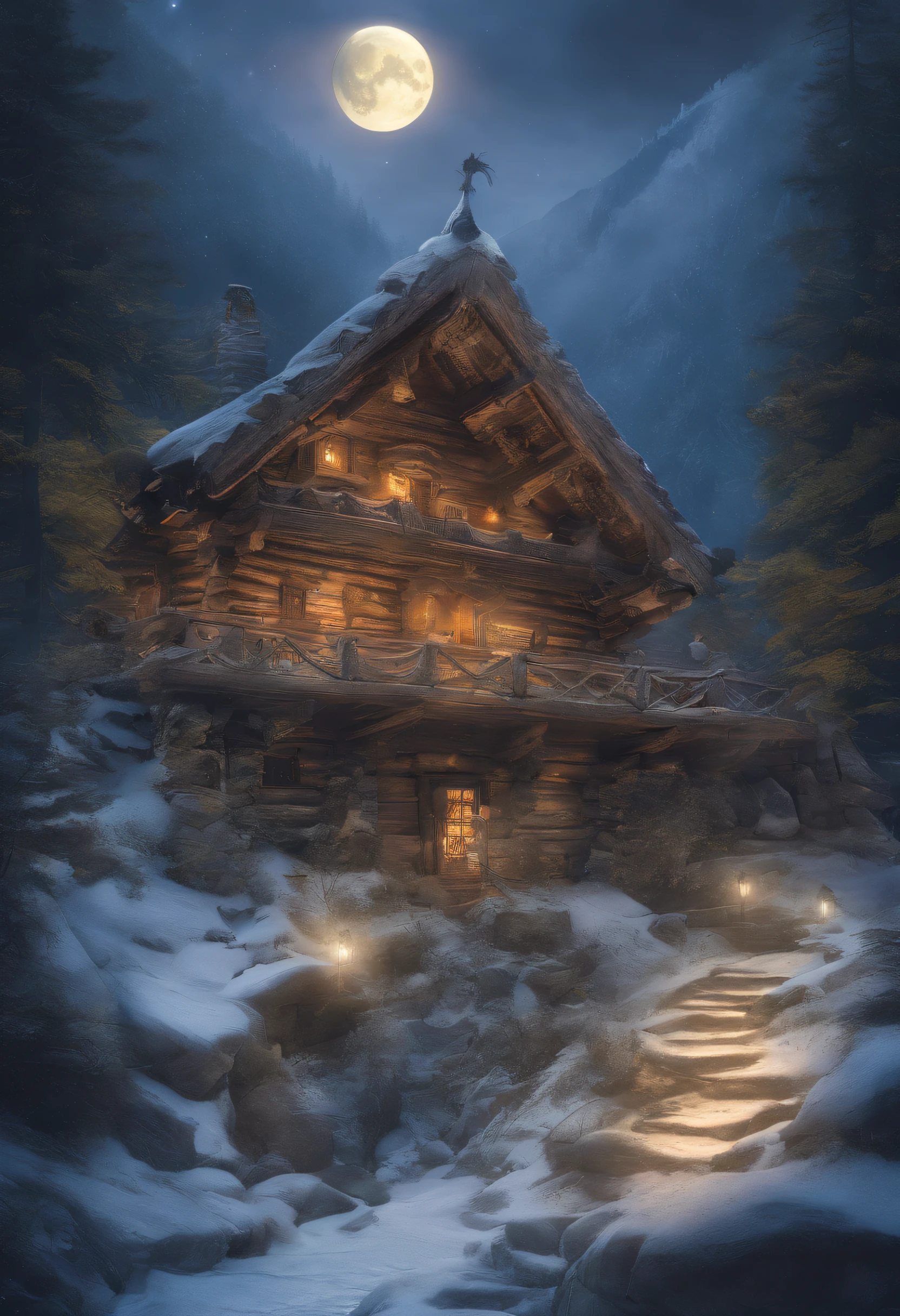 masutepiece、top-quality、A hyper-realistic、Photorealsitic、(Rugged mountains々A mountain that rises with a transcendent steep snow on its back)、((Illuminated by the Moon))、((A log cabin built to cling to the mountainside of a cliff))、((Nestled in the fog))