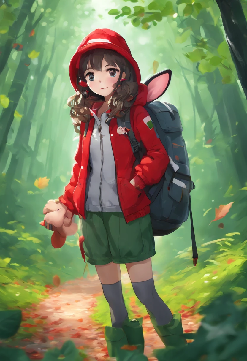 3D rendering of (Profile photo of an adventurous bunny sister standing on a path between autumn leaves), hairy, Big green bright eyes, （Binoculars hanging from your chest：1.37）, Sister Bunny is wearing a green fashion adventure outfit,green shorts， Red hiking boots on his feet, , cute ears, Red and green camping hats, (Carry a green backpack with you), (trowels), (camping equipment, )Related to many adventurous tools,(compass),
Curious to explore expressions, Cartoon, 4D, Fox,
Background: Autumn Leaf Forest Trail Red Forest, autumn forest, red illuminating fog, In a red dream, really beautiful forest, Beautiful forest, Beautiful hazy wood, Red shade spray, Breathable and beautiful trees, breath-taking beautiful trees, red fog, beautiful forests and trees, Bright but dark red, red trees,{{Masterpiece}},{{{Best quality}}},{{Ultra-detailed}}, {{{illustration}}},{{Disheveled hair}},concept art of character,Game scene graph,Clear facial features,close up photograph,Photography,postapocalyptic,Masterpiece,archviz/building rendering,Quixel Megascans Render,corona rendered,rendering by octane,v-ray,High detail,hyper qualit,high resolution,trending on artstationh,hyper photorealism,surrealism,HD,8K tilt shift,Long shot,Split Lighting,