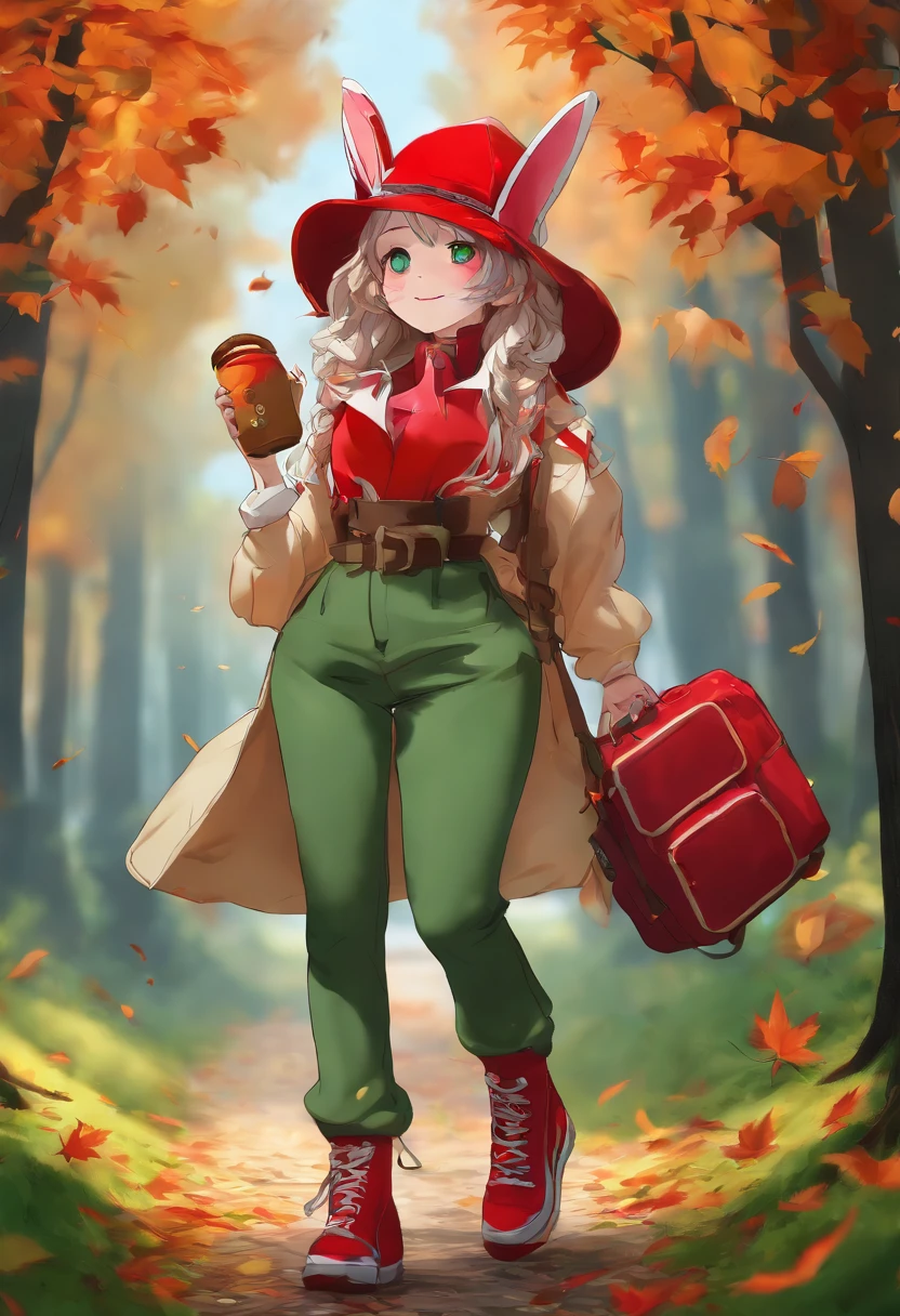 3D rendering of (Profile photo of an adventurous bunny sister standing on a path between autumn leaves), hairy, Big green bright eyes, (Binoculars hanging from your chest:1.37), Sister Bunny is wearing a green fashion adventure outfit,green shorts, Red hiking boots on his feet, , cute ears, Red and green camping hats, (Carry a green backpack with you), (trowels), (camping equipment, )Related to many adventurous tools,(compass),
Curious to explore expressions, Cartoon, 4D, Fox,
Background: Autumn Leaf Forest Trail Red Forest, autumn forest, red illuminating fog, In a red dream, really beautiful forest, Beautiful forest, Beautiful hazy wood, Red shade spray, Breathable and beautiful trees, breath-taking beautiful trees, red fog, beautiful forests and trees, Bright but dark red, red trees,{{Masterpiece}},{{{Best quality}}},{{Ultra-detailed}}, {{{illustration}}},{{Disheveled hair}},concept art of character,Game scene graph,Clear facial features,close up photograph,Photography,postapocalyptic,Masterpiece,archviz/building rendering,Quixel Megascans Render,corona rendered,rendering by octane,v-ray,High detail,hyper qualit,high resolution,trending on artstationh,hyper photorealism,surrealism,HD,8K tilt shift,Long shot,Split Lighting,