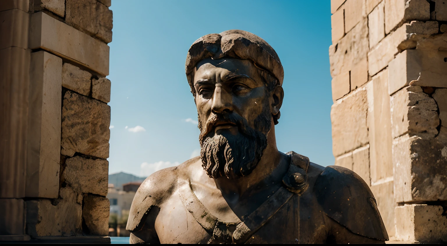 Ancient Stoic Statue With Very Angry Expression, tem barba, muitos detalhes em ambos os olhos, Outside, fundo atenas grego, open sky, com rosto extremamente detalhado full body view, Colors with low saturation with dark tone, Filmado em Sony A7S III com Sony FE 35mm f/1.8, 12.1 MP, --AR 3:2 --estilo cru