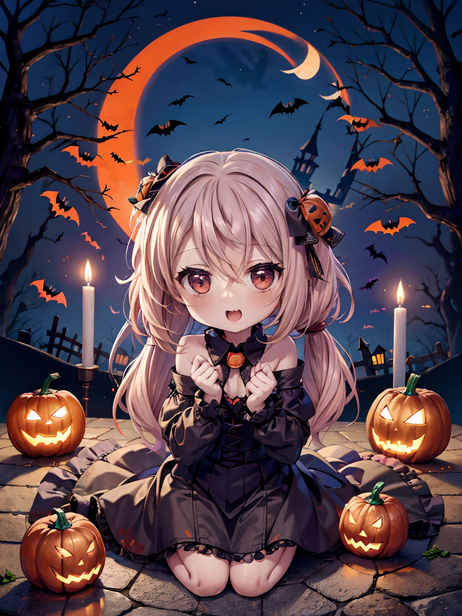 (Chibi:1.6),absurderes, ultra-detailliert,bright colour, extremely beautiful detailed face and eyes,top-quality、masutepiece、horor、Valley、cabelos preto e longos、red eyes、Return blood、Ruins、starrysky、Red Moon、Open chest、(Halloween Party:1.3)、Lots of bats、Lots of lanterns、Lots of candles、Sit on the pumpkin ghost、Have a glass of blood,