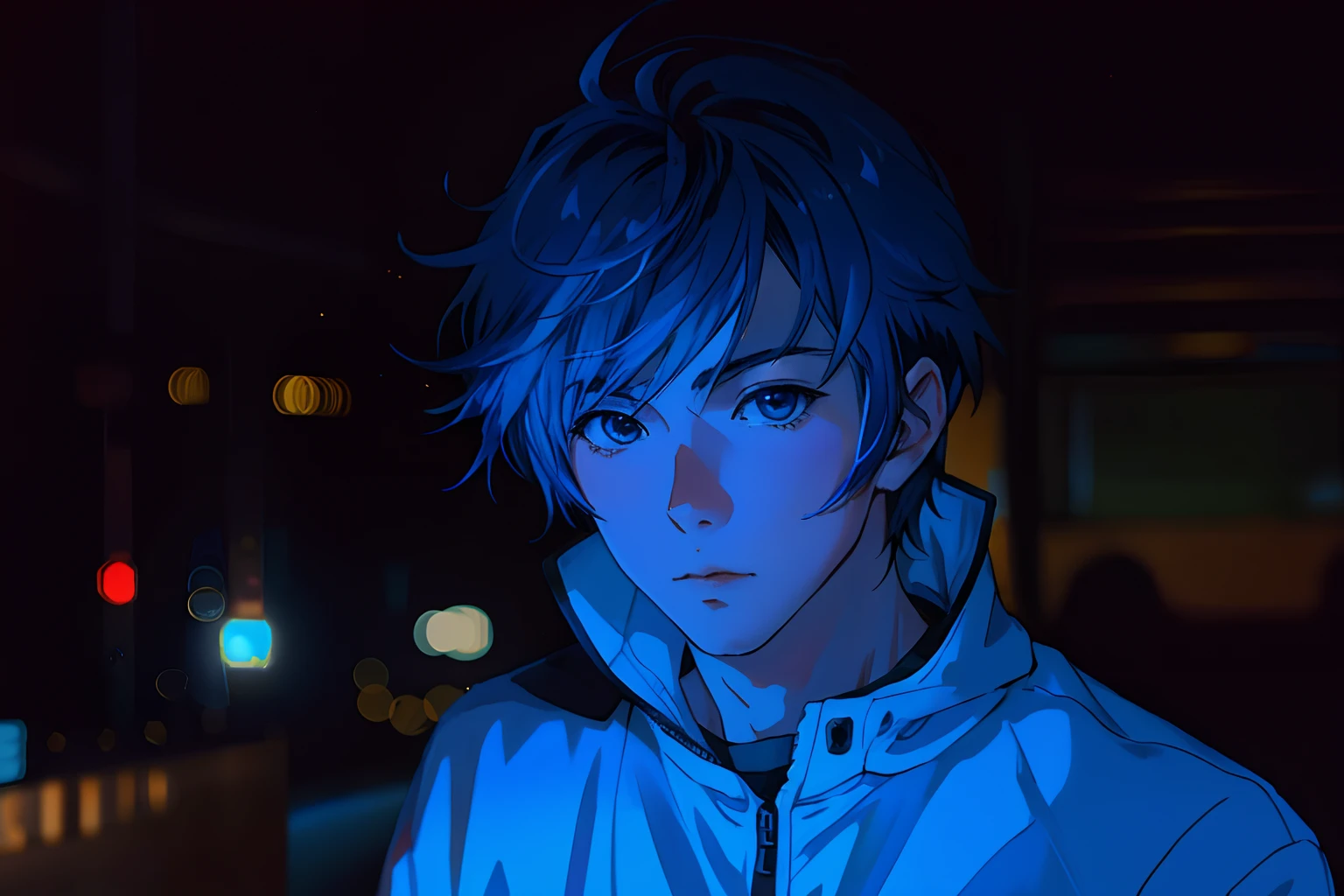 Anime boy, looking at the camera, Blue Light, Cinematic