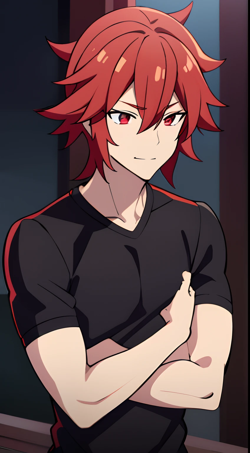 Good-looking guy with red eyes and red hairs and with Black tshirt with good body postures, Anime, handsome, hd, 8k, ultra HD