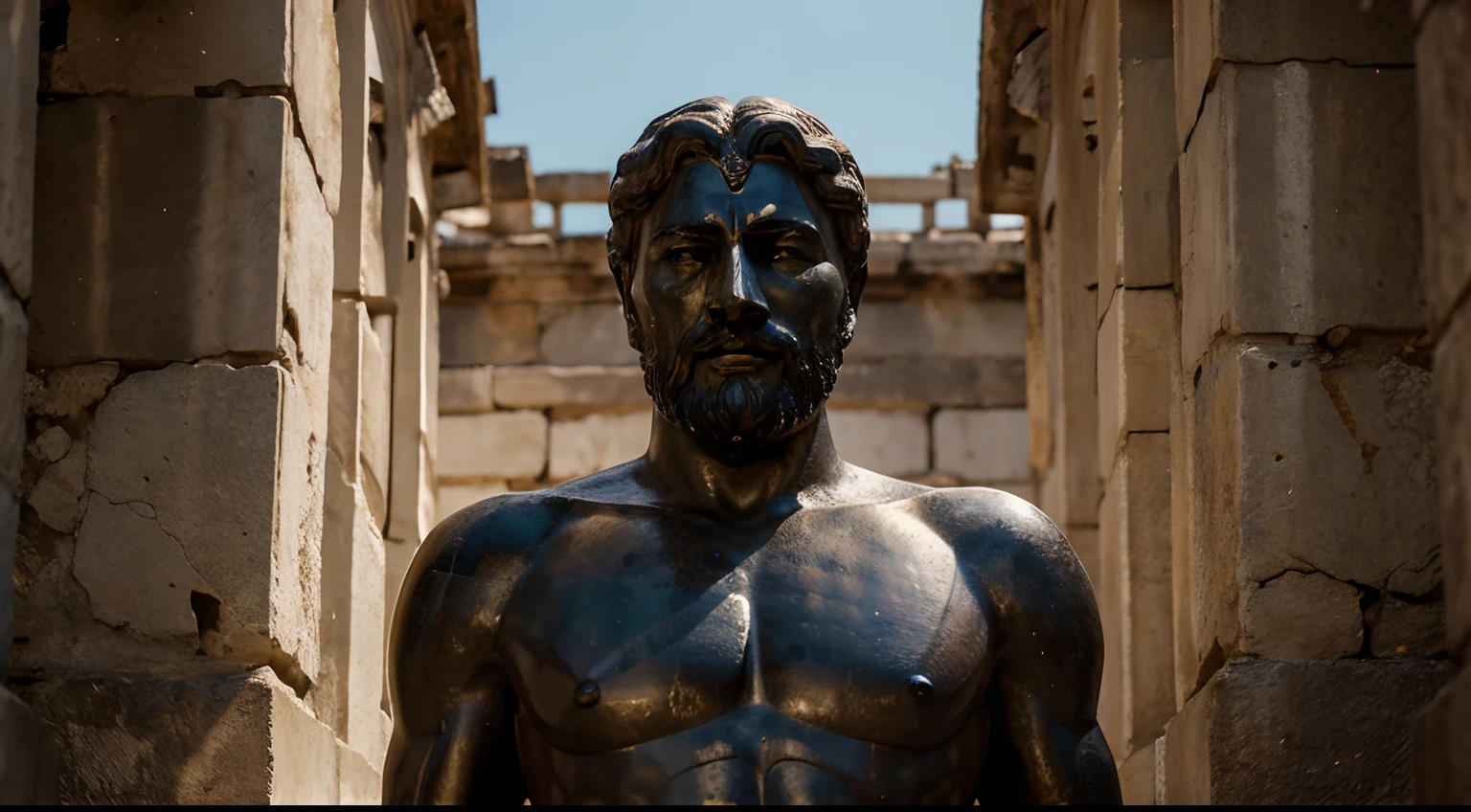 Ancient Stoic Statue With Very Angry Expression, tem barba, muitos detalhes em ambos os olhos, Outside, fundo atenas grego, open sky, com rosto extremamente detalhado full body view, Colors with low saturation with dark tone, Filmado em Sony A7S III com Sony FE 35mm f/1.8, 12.1 MP, --AR 3:2 --estilo cru