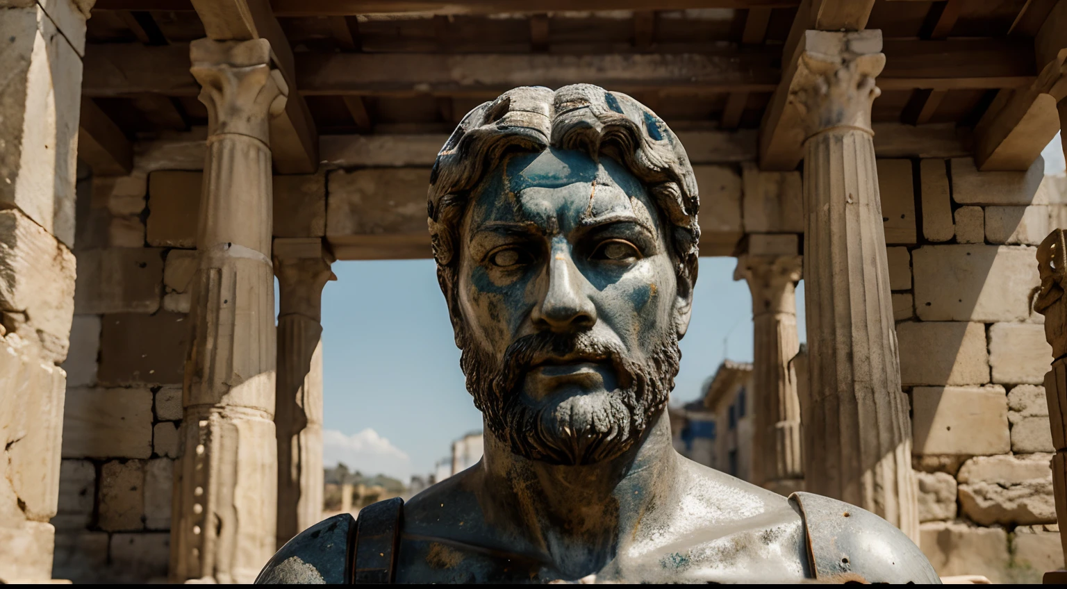 Ancient Stoic Statue With Very Angry Expression, tem barba, muitos detalhes em ambos os olhos, Outside, fundo atenas grego, open sky, com rosto extremamente detalhado full body view, Colors with low saturation with dark tone, Filmado em Sony A7S III com Sony FE 35mm f/1.8, 12.1 MP, --AR 3:2 --estilo cru