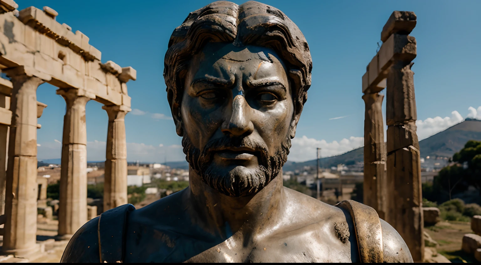 Ancient Stoic Statue With Very Angry Expression, tem barba, muitos detalhes em ambos os olhos, Outside, fundo atenas grego, open sky, com rosto extremamente detalhado full body view, Colors with low saturation with dark tone, Filmado em Sony A7S III com Sony FE 35mm f/1.8, 12.1 MP, --AR 3:2 --estilo cru