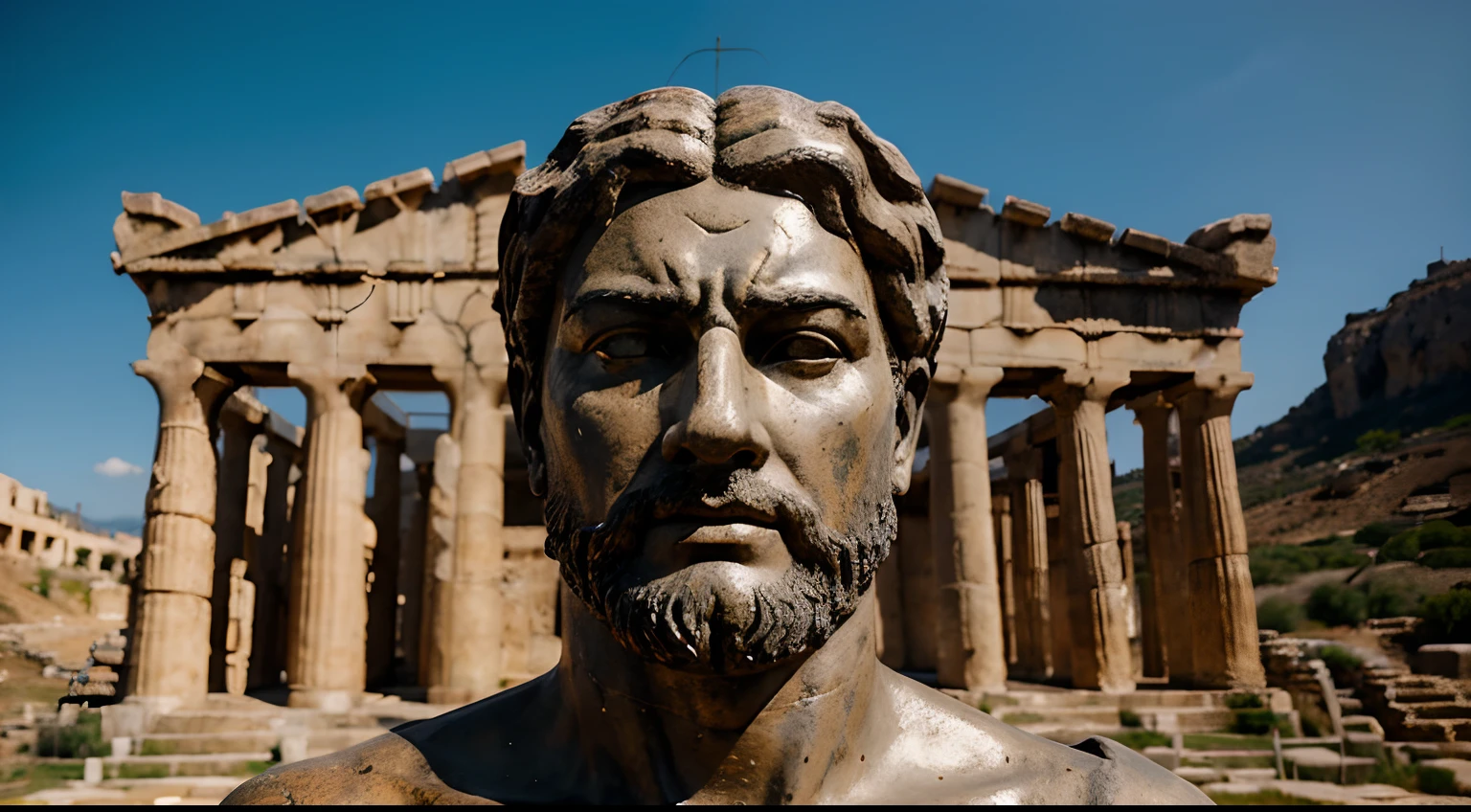 Ancient Stoic Statue With Very Angry Expression, tem barba, muitos detalhes em ambos os olhos, Outside, fundo atenas grego, open sky, com rosto extremamente detalhado full body view, Colors with low saturation with dark tone, Filmado em Sony A7S III com Sony FE 35mm f/1.8, 12.1 MP, --AR 3:2 --estilo cru