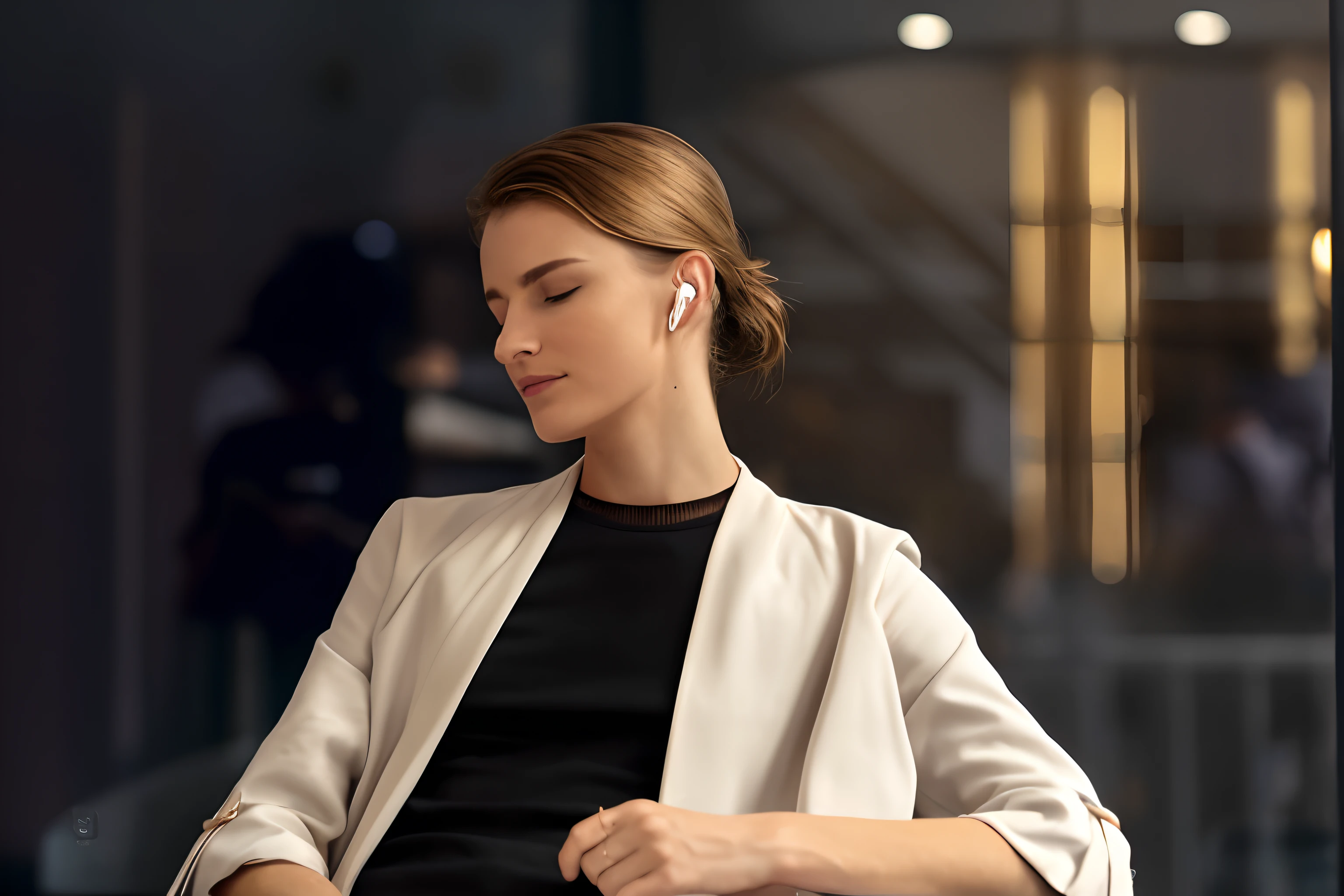 Woman in a white jacket sits on a chair，Mobile phone in hand, European and American model，golden hair，perfectly poised, closeup - view, Exceptional, Ear, masterful composition, medium close up shot,  Close-up Shot Shot, profile close-up view
