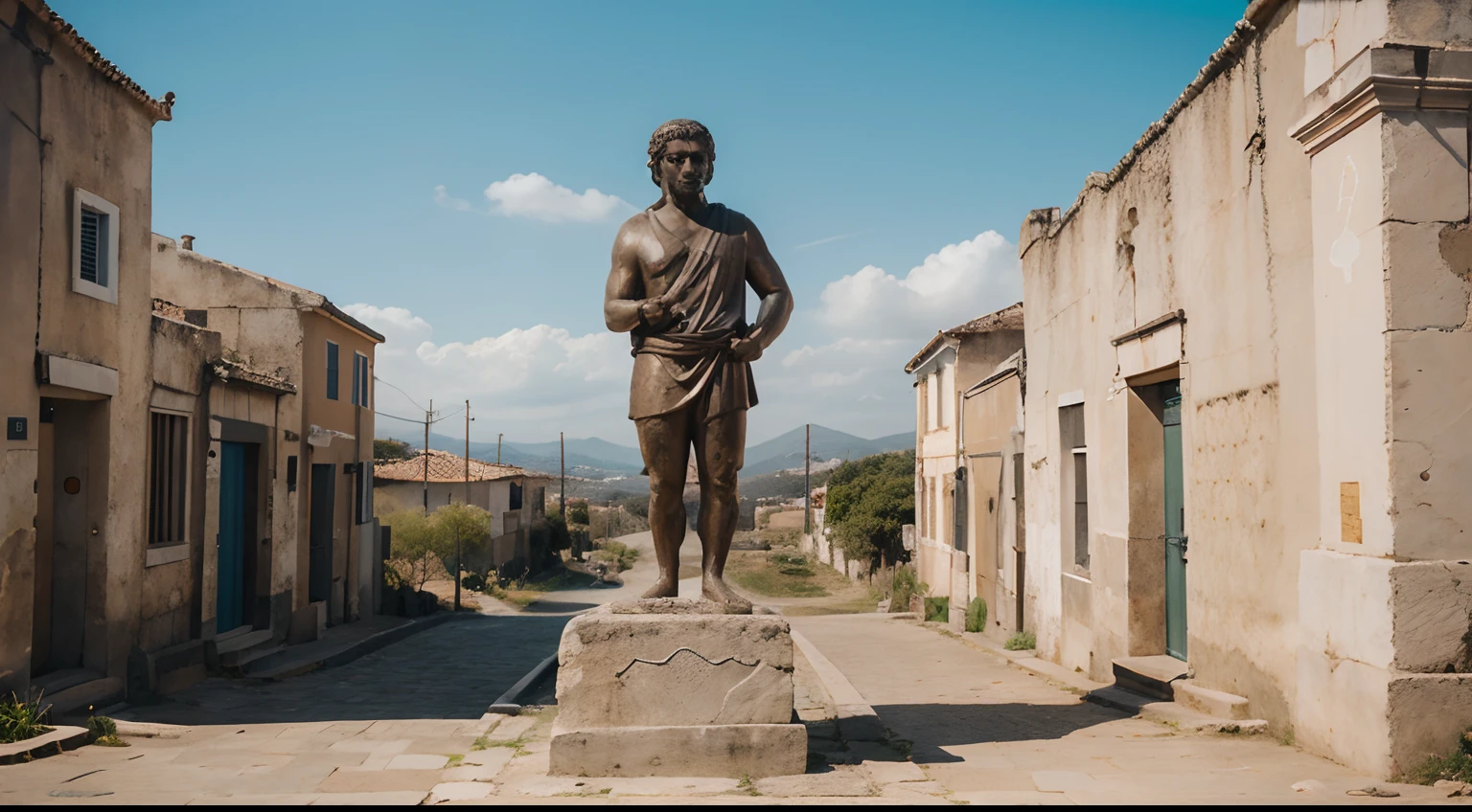 Ancient Stoic Statue With Very Angry Expression, tem barba, muitos detalhes em ambos os olhos, Outside, fundo atenas grego, open sky, com rosto extremamente detalhado full body view, Colors with low saturation with dark tone, Filmado em Sony A7S III com Sony FE 35mm f/1.8, 12.1 MP, --AR 3:2 --estilo cru