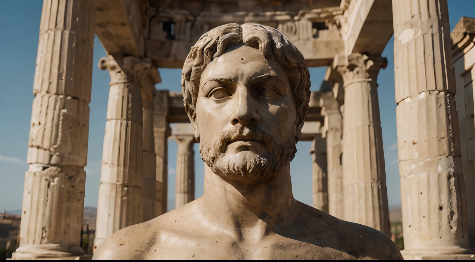 Ancient Stoic Statue With Very Angry Expression, tem barba, muitos detalhes em ambos os olhos, Outside, fundo atenas grego, open sky, com rosto extremamente detalhado full body view, Colors with low saturation with dark tone, Filmado em Sony A7S III com Sony FE 35mm f/1.8, 12.1 MP, --AR 3:2 --estilo cru