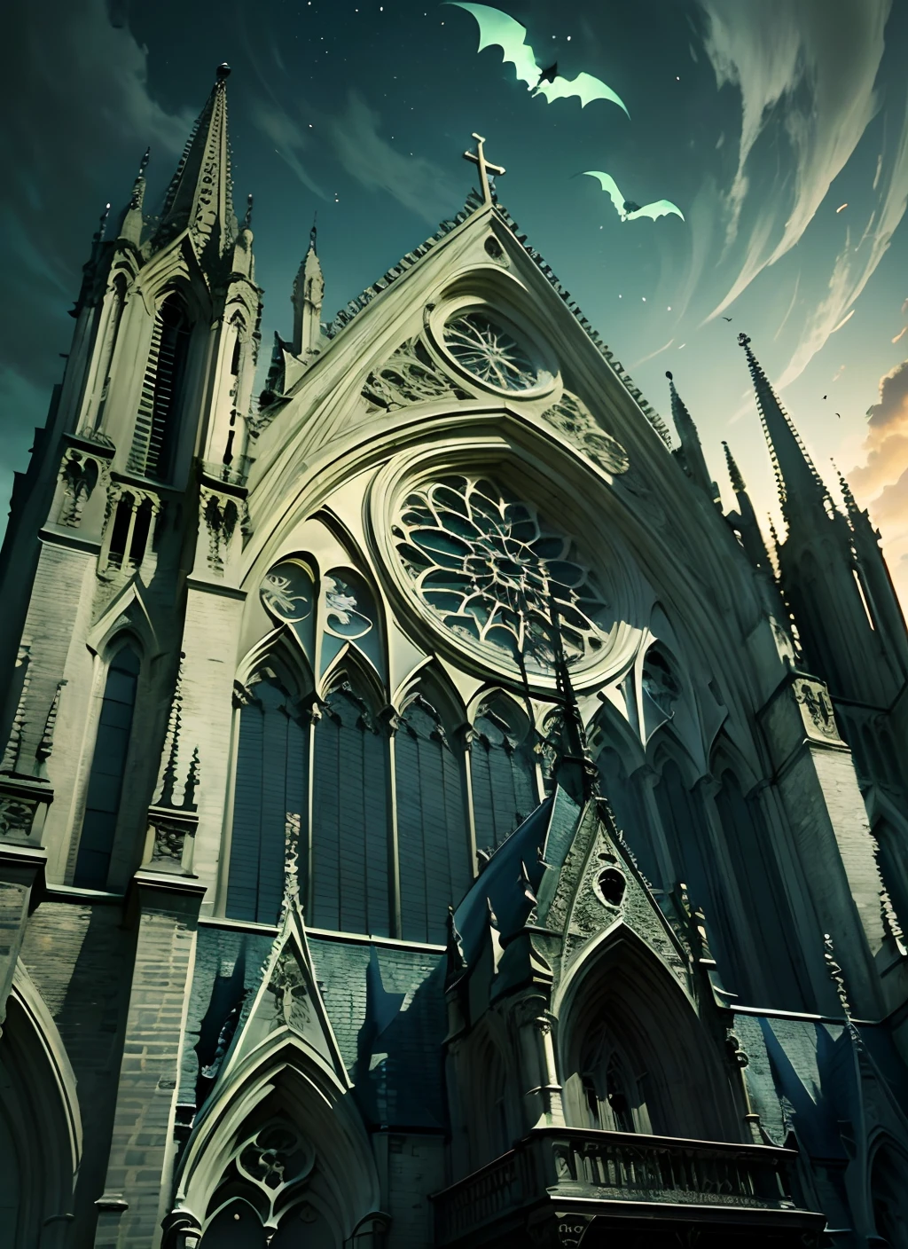 gothic cathedral, Rainey,bats, horror, damage windows,night seen --auto --s2