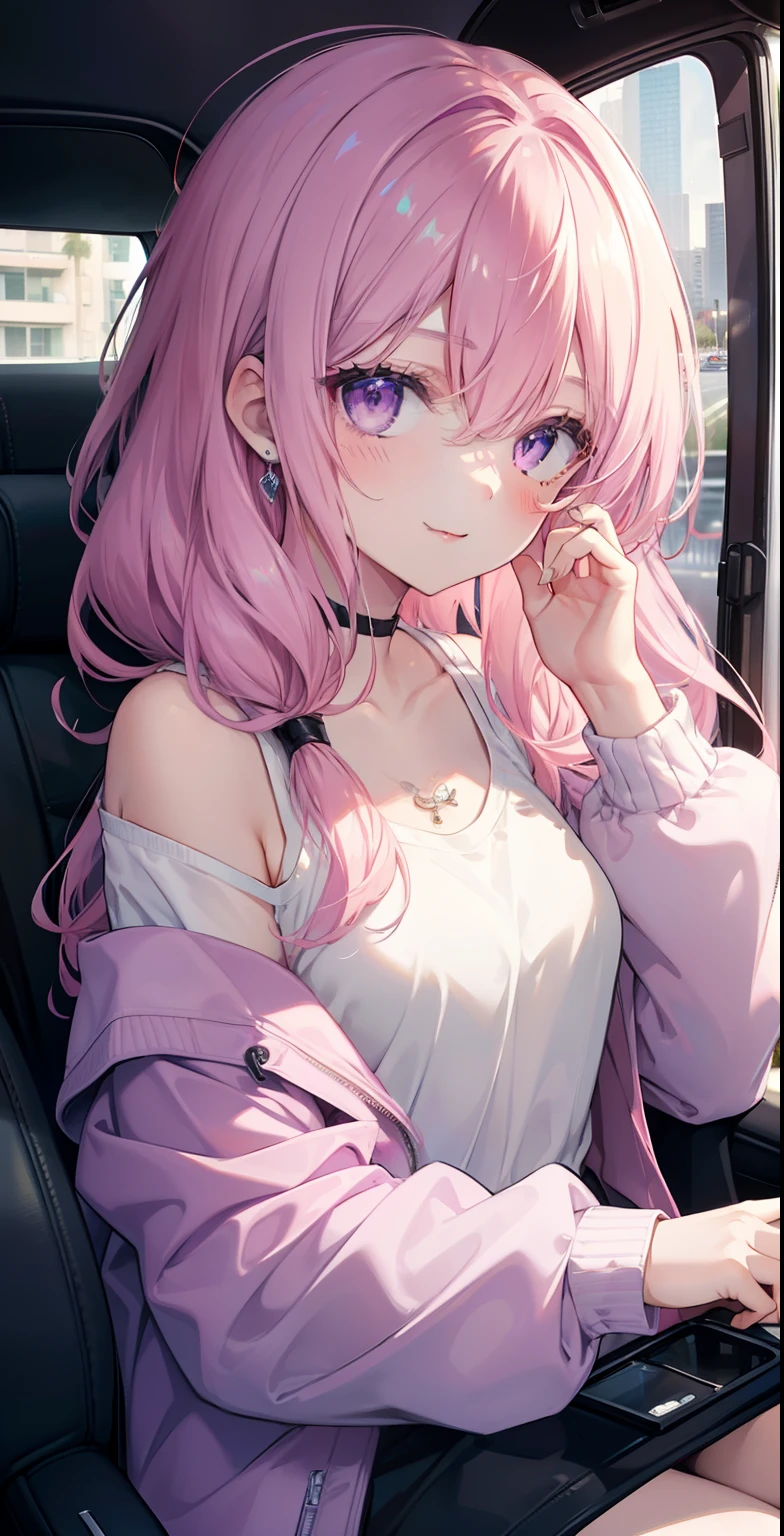 (masterpiece, best quality), 1 girl sitting in a car, 1 girl, jewelry, smile, looking at viewer, car interior, solo, pink hair, purple eyes, steering wheel, blush, long hair, white shirt, off the shoulder, black jacket, hair between the eyes, long sleeves, elastic wrist,