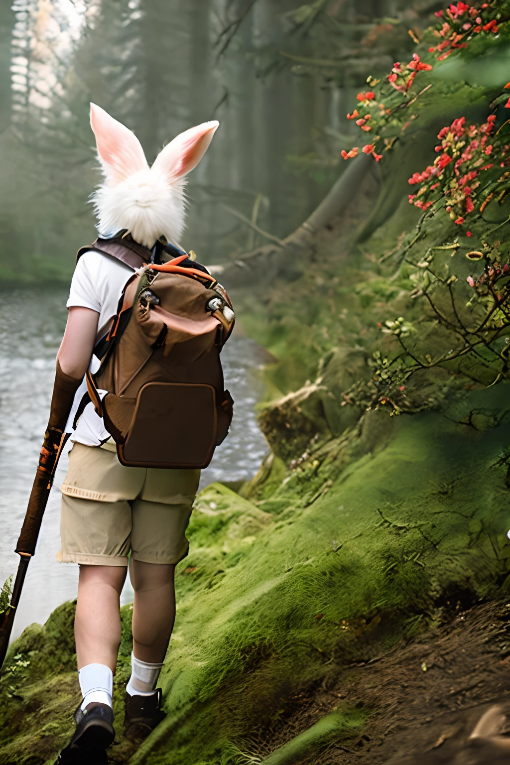 classic negative portrait photography, fantasy video game character concept art, cute white fluffy rabbit carrying a small brown leather backpack looking at map, hiking through forest, dungeon and dragon, fantasy, river, haze, halation, flowers, dramatic atmosphere, 1970s darkness fantasy movie, center, rule of thirds