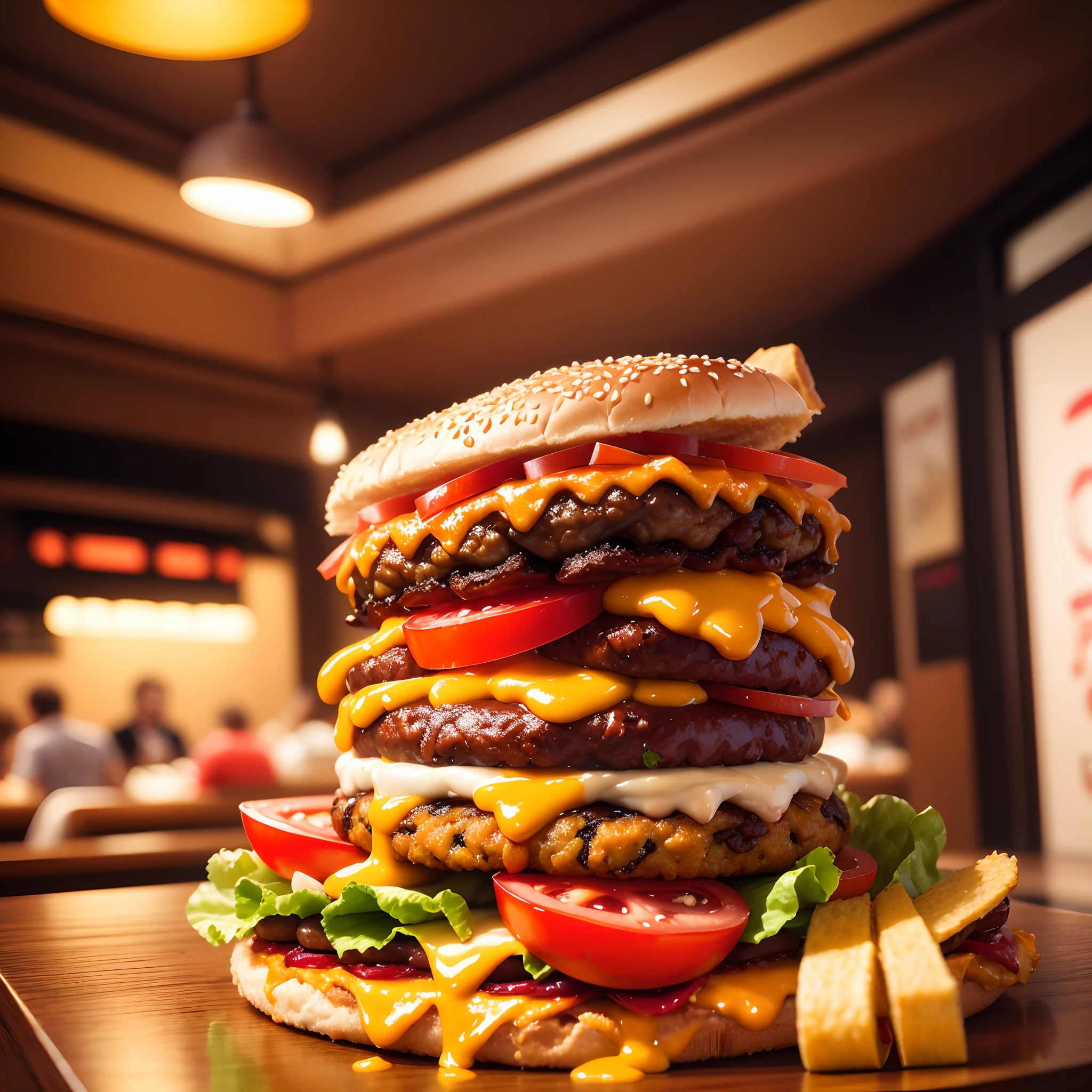 best quality,4k,8k,highres,masterpiece:1.2),ultra-detailed,realistic,physically-based rendering,professional,vivid colors,studio lighting,delicious,palatable,luscious,appetizing,juicy,mouthwatering,huge hamburger,attention-grabbing,impressive,detailed,meticulous,tempting,extraordinary,top-notch,big,irresistible,best-seller,gourmet masterpiece,hamburger paradise,amazing craftsmanship,colorful toppings,perfectly grilled patties,melting cheese,crispy lettuce,fresh tomatoes,soft and fluffy buns,toasted sesame seeds,onion rings,secret sauce,cheese melting on the patty,juicy and succulent pickles,onion slices,fries on the side,delightful aroma,sizzling grill,fine dining experience,culinary delight,gastronomic artistry,food heaven,rich colors,highlights and shadows,pop of colors,gorgeous lighting effects,cinematic appeal