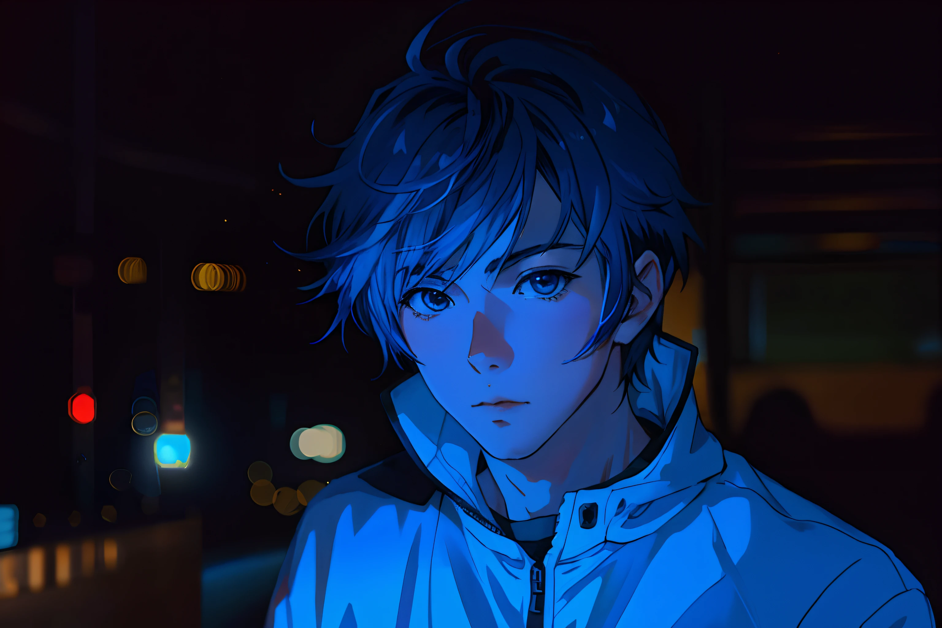 Anime boy, looking at the camera, Blue Light, Cinematic
