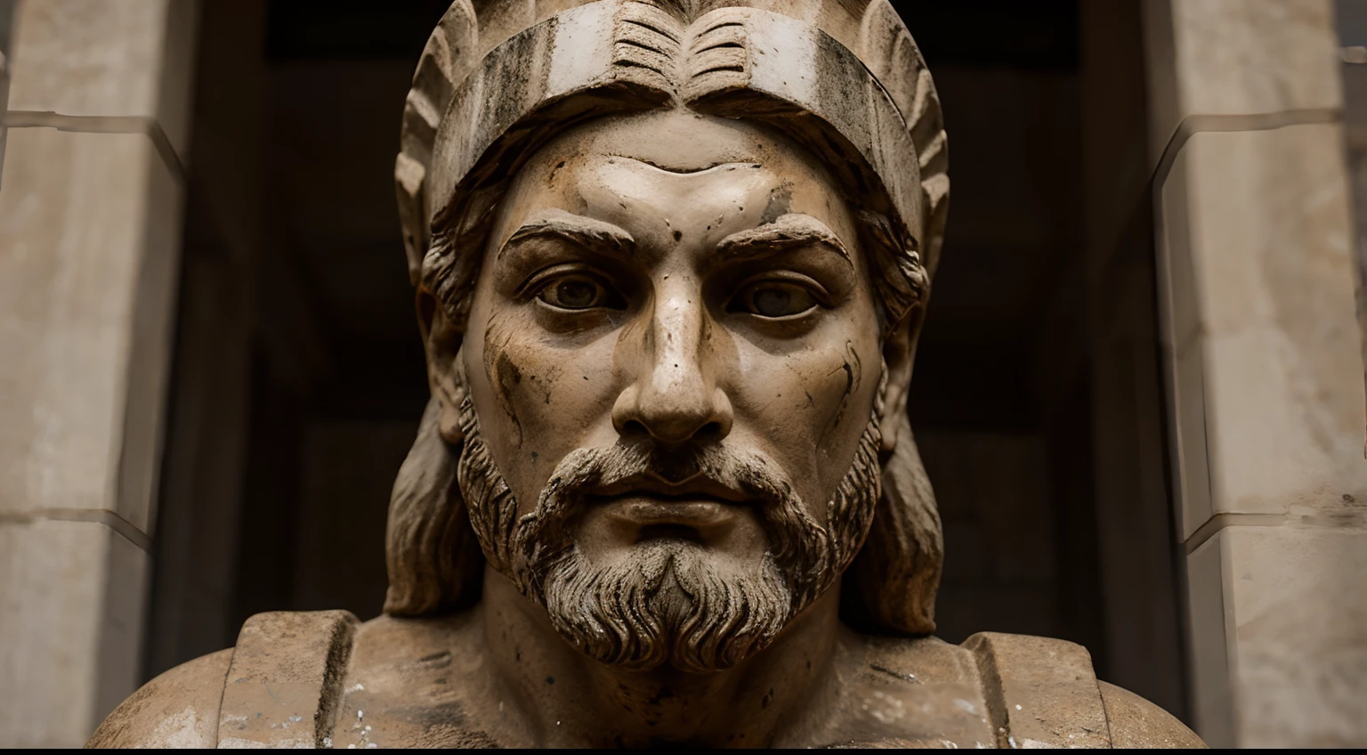 Ancient Stoic Statue With Very Angry Expression, tem barba, muitos detalhes em ambos os olhos, Outside, fundo atenas grego, open sky, com rosto extremamente detalhado full body view, Colors with low saturation with dark tone, Filmado em Sony A7S III com Sony FE 35mm f/1.8, 12.1 MP, --AR 3:2 --estilo cru