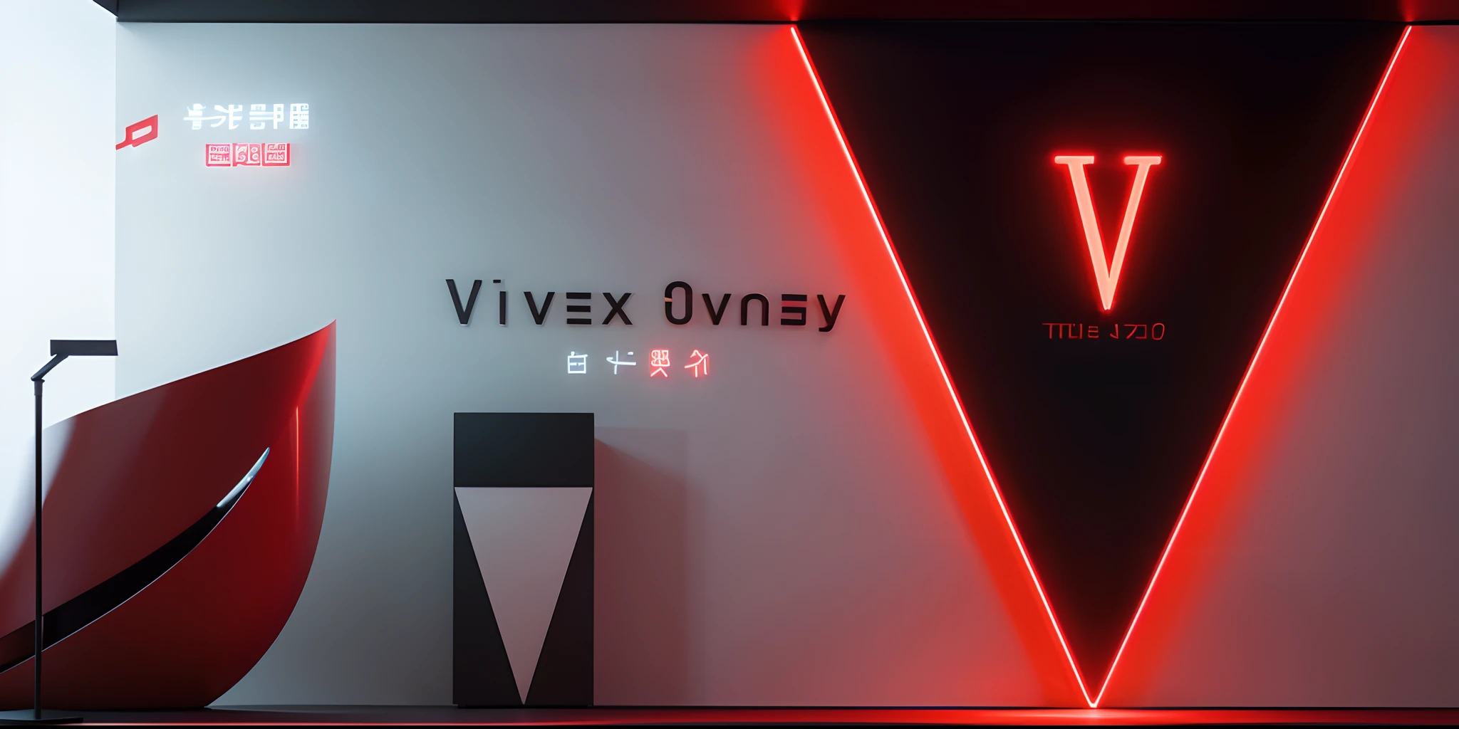 The display stands are designed in a minimalist style,The main colors are light black and red。glowing neon lights, Realistic details and vivid textures.Brand image video、Dressers and display shelves,Used to interact with the audience on vfxFriday, Minimalist style, light box, glowing lines, International style, Rendered in Cinema4D, 32k ULTRAHD,